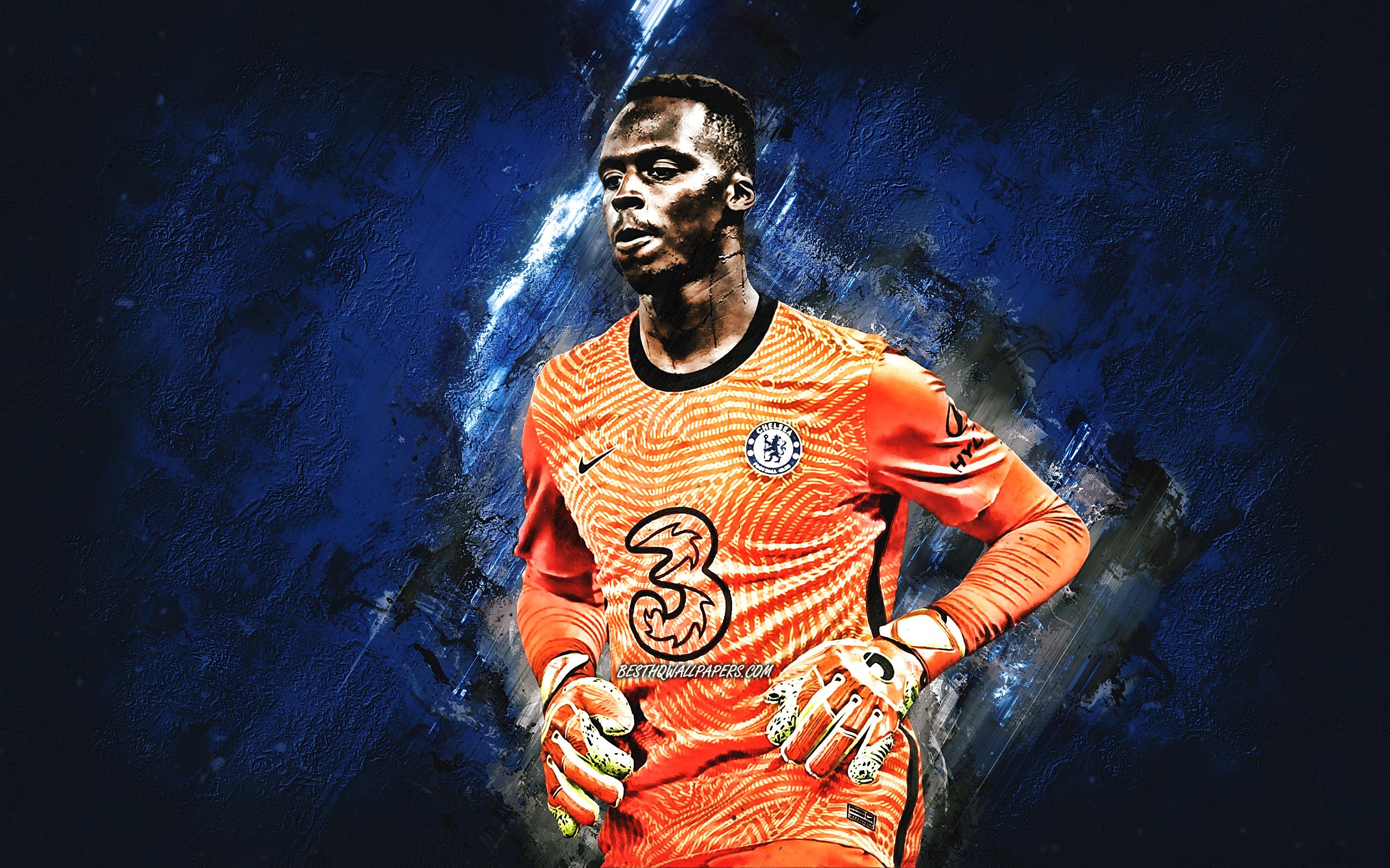 2880x1800 Download wallpaper Edouard Mendy, senegalese footballer, goalkeeper, Chelsea FC, blue stone background, Premier League, England, soccer for desktop with resolution 2880x1800. High Quality HD picture wallpaper
