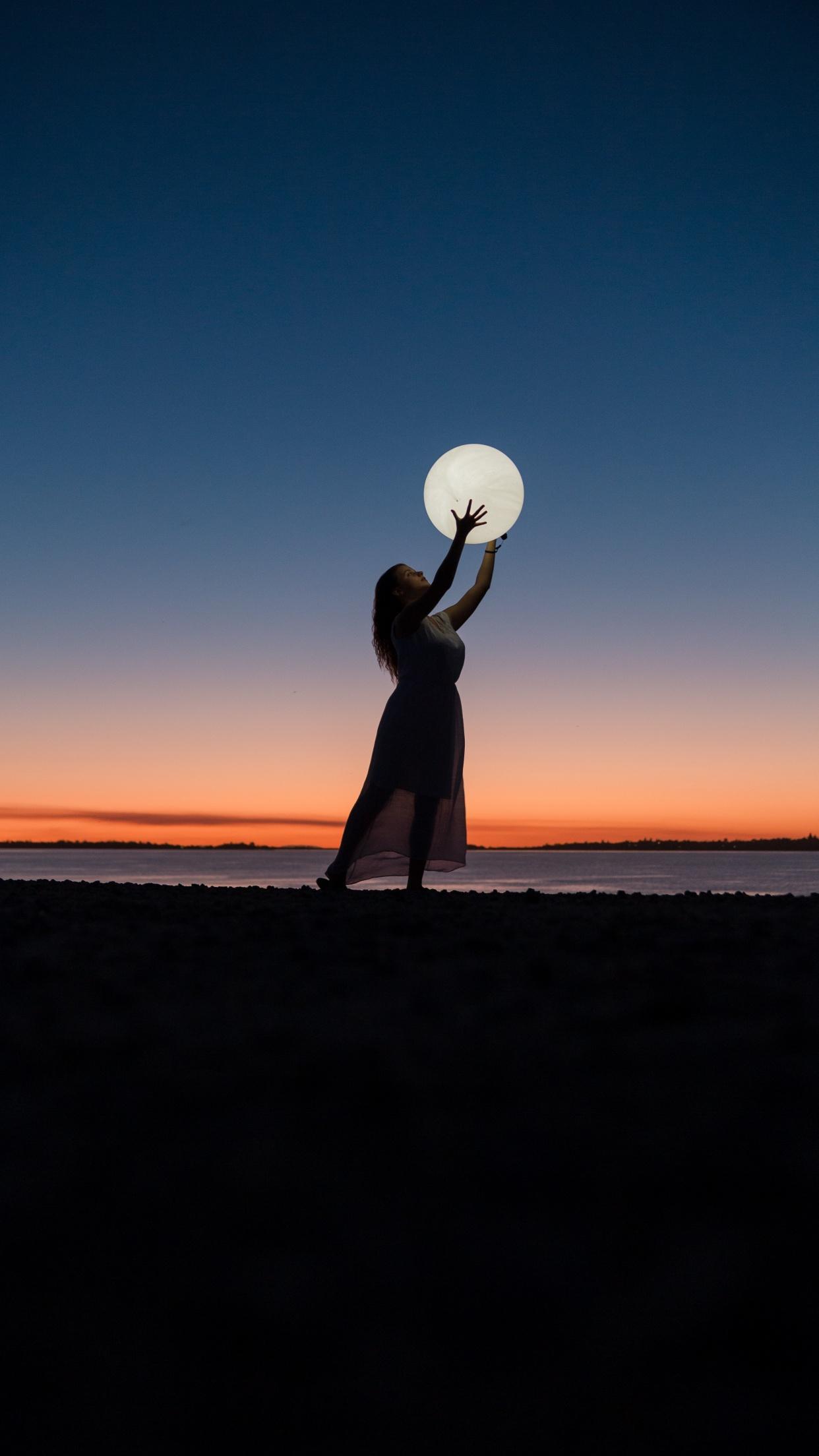 1242x2208 Girl Wallpaper 4K, Woman, Moon, Beach, Photography