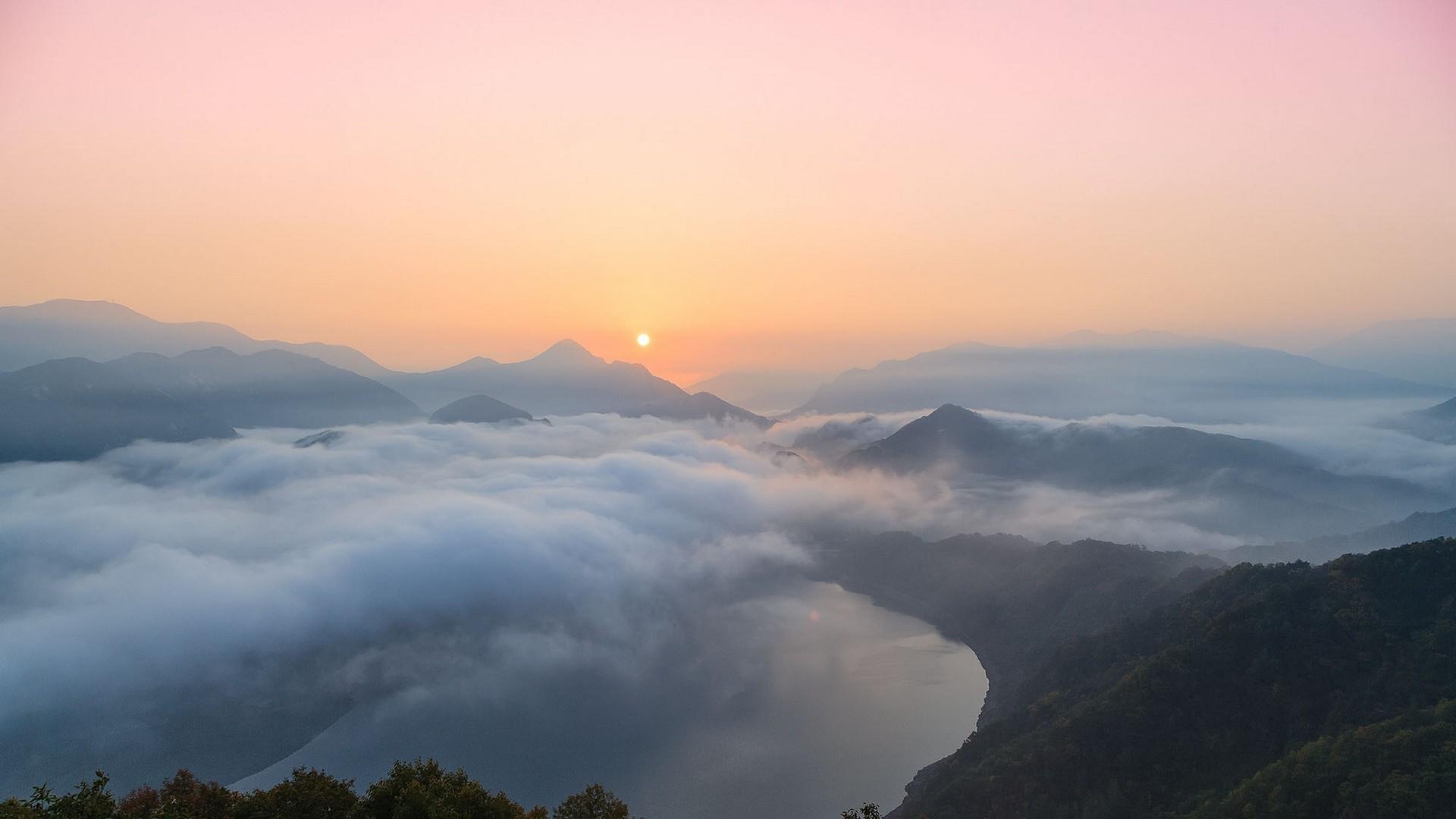 1920x1080 lake, South Korea, nature, mist, landscape, forest, clouds, mountains Gallery HD Wallpaper