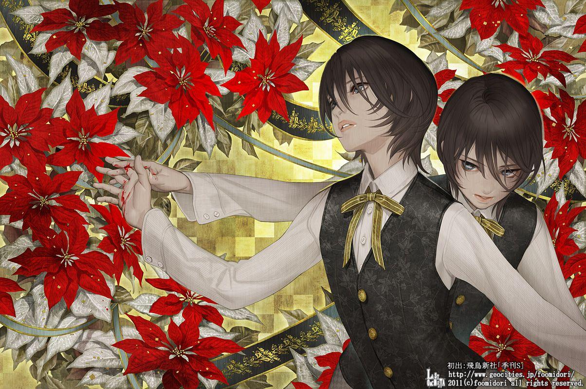 1204x800 all male black hair blood christmas flowers foo midori gray eyes
