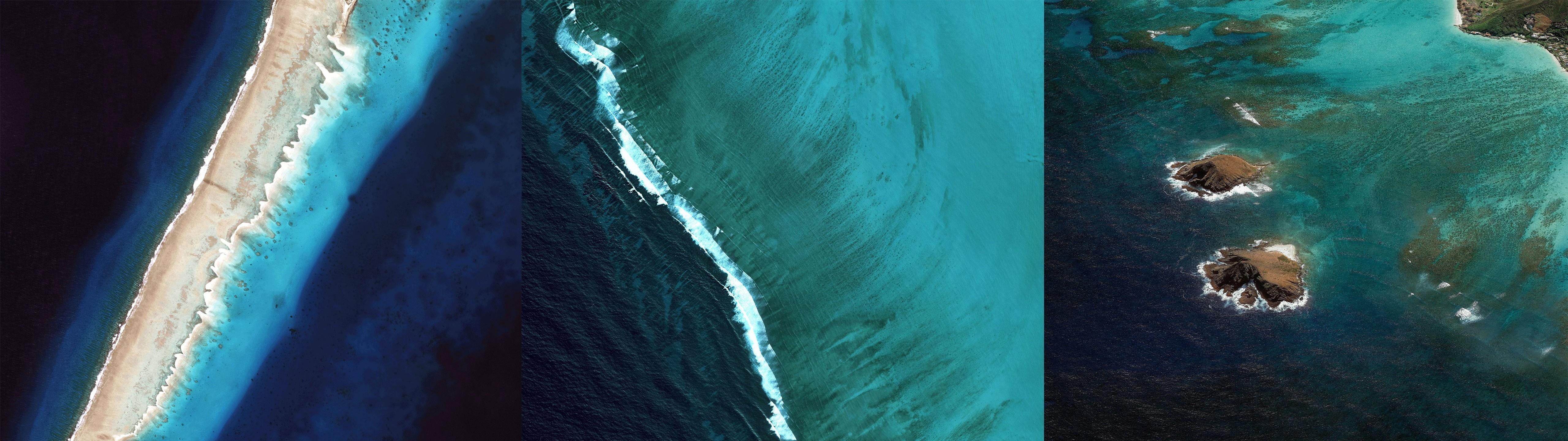 5120x1440 sea, collage, reflection, beach, blue, underwater, aerial view, wave, screenshot, computer Gallery HD Wallpaper