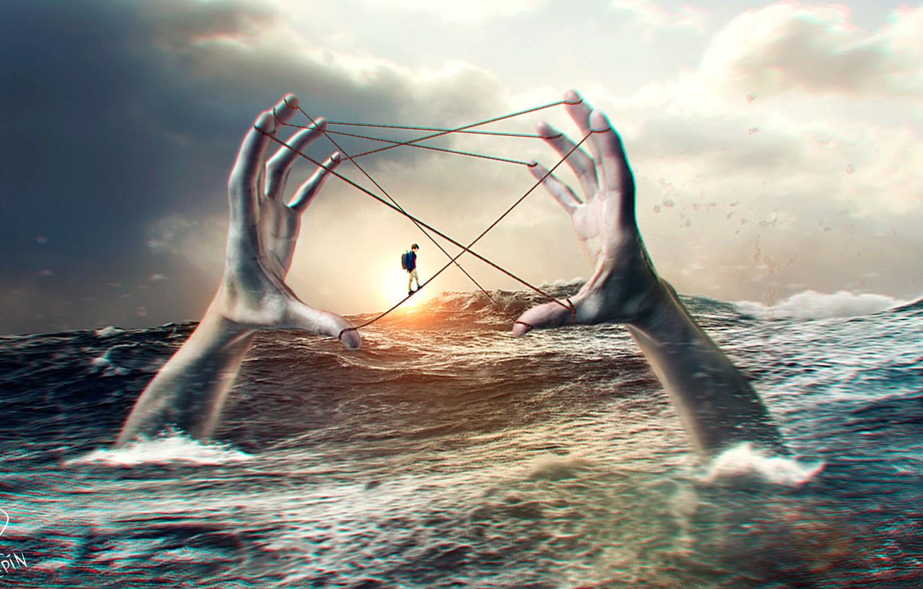 1332x850 Wallpaper Sunset, The ocean, Wave, Storm, Collage, Squirt, Hope image for desktop, section ситуации