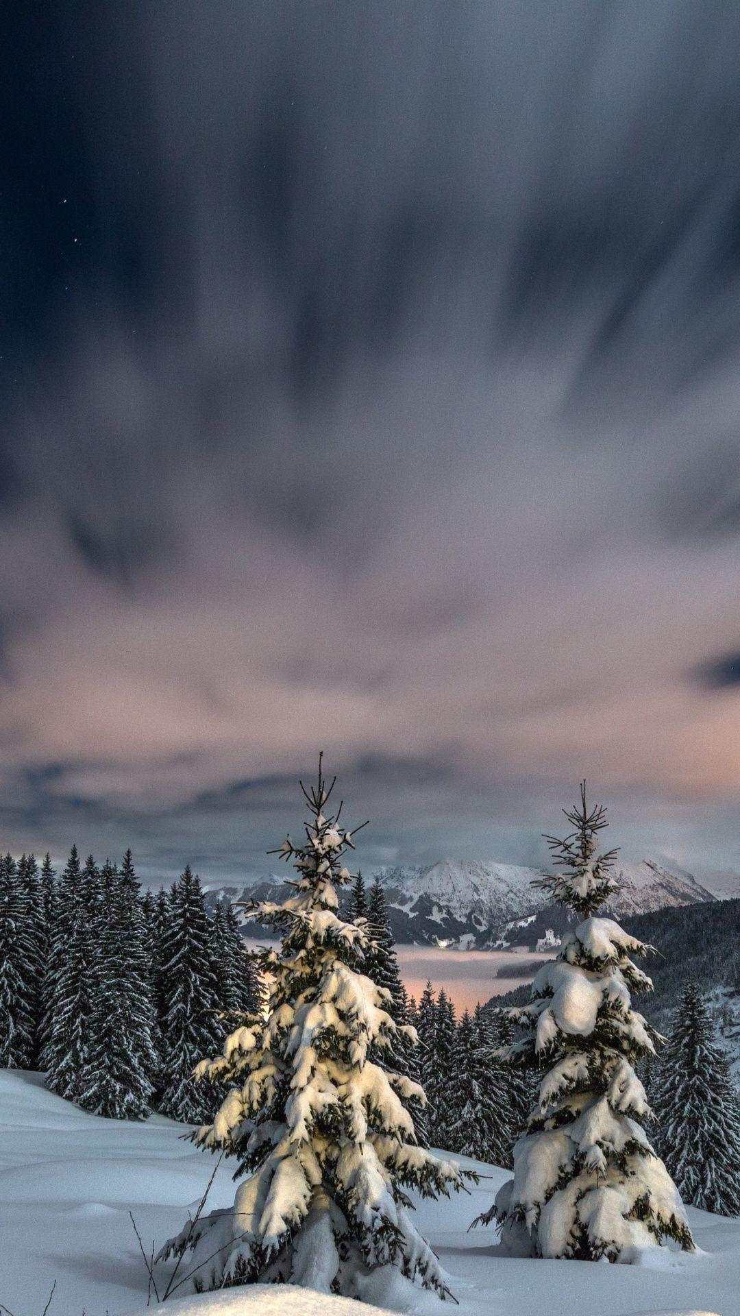 1080x1920 Winter, clouds, snow mountains, frozen trees, nature, 1080x1920