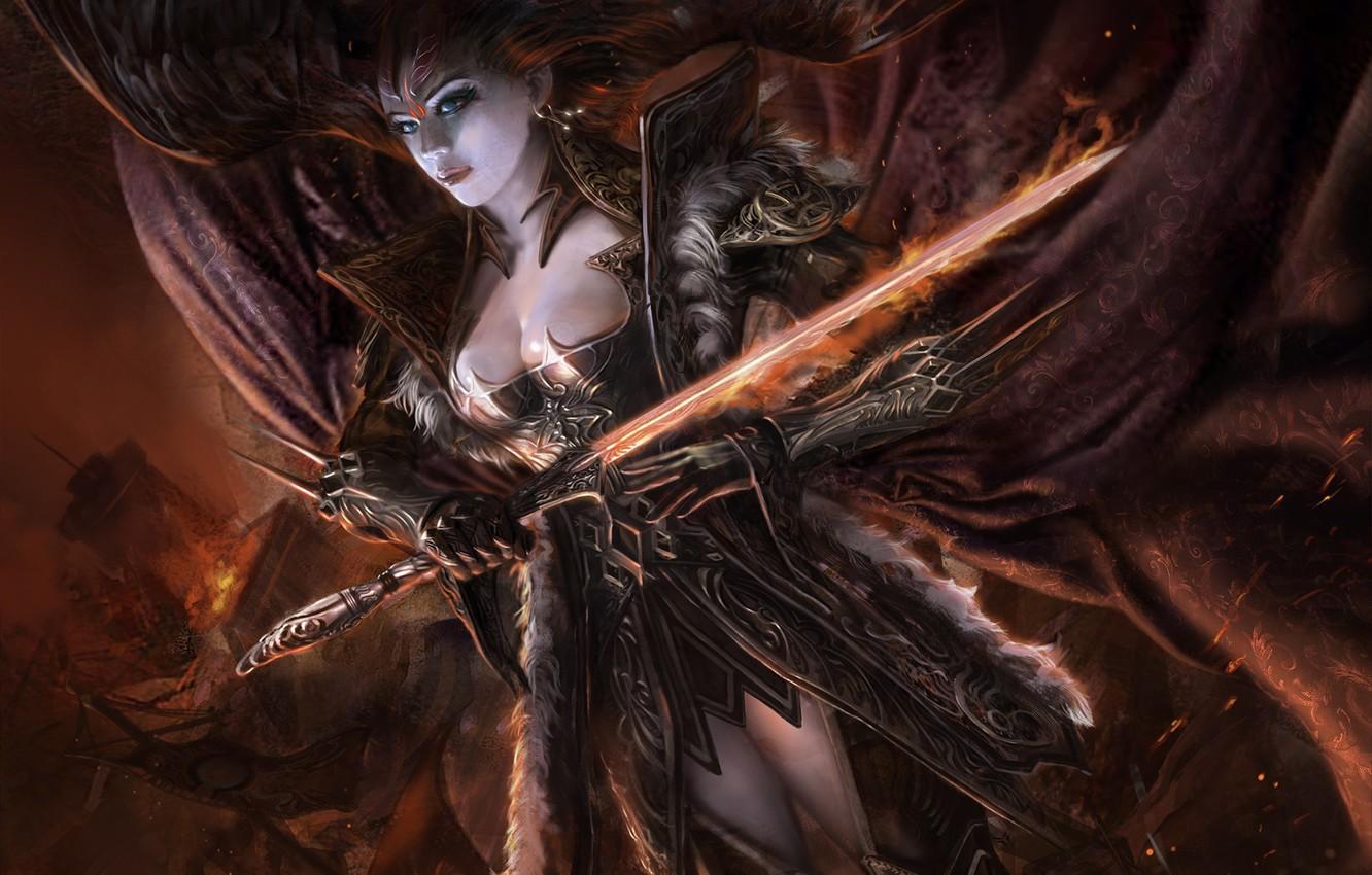 1332x850 Wallpaper girl, wings, sword, art, Legend of the cryptids image for desktop, section игры
