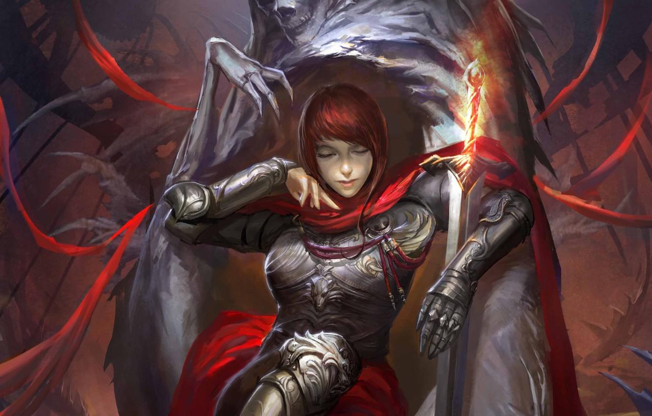 1332x850 Wallpaper girl, monster, sword, the demon, art, sitting, legend of cryptids image for desktop, section игры