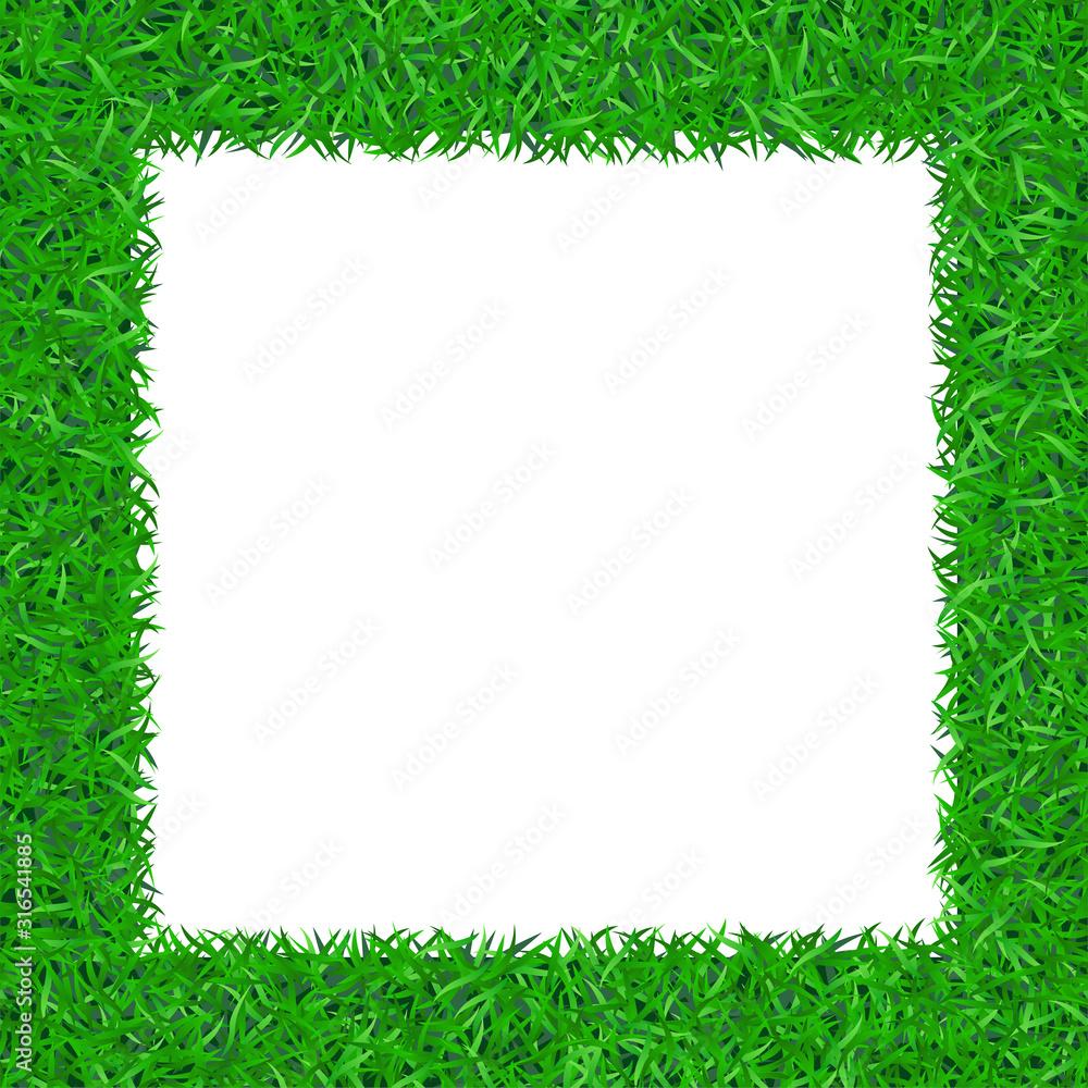 1000x1000 Green grass frame 3D, isolated on white background. Lawn greenery nature. Abstract texture empty border. Ground landscape pattern Grassy design. Ecology environment. Grow meadow. Vector illustration Stock Vector