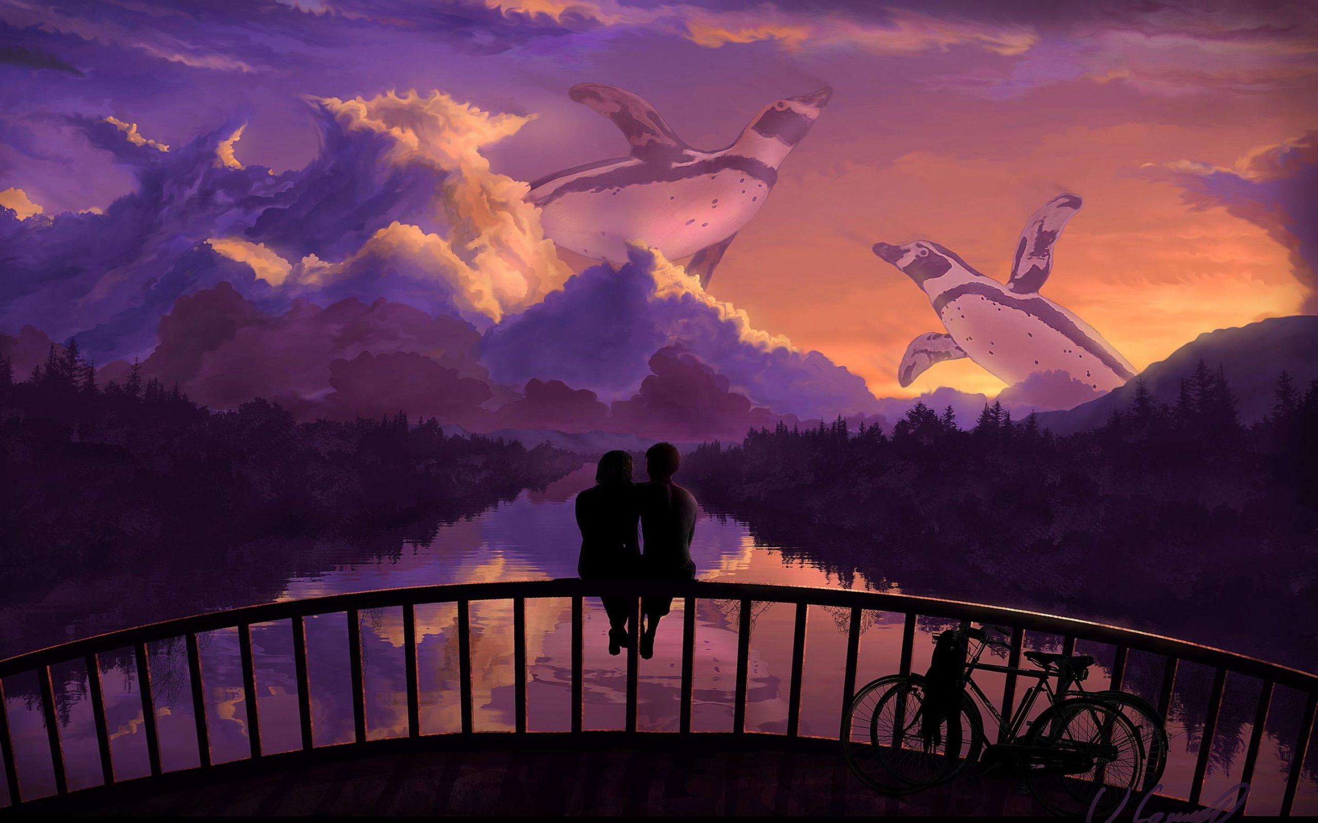 2560x1600 Romantic Couple Bridge Sunset Art Wallpaper, Other Love, Penguins, Bikes