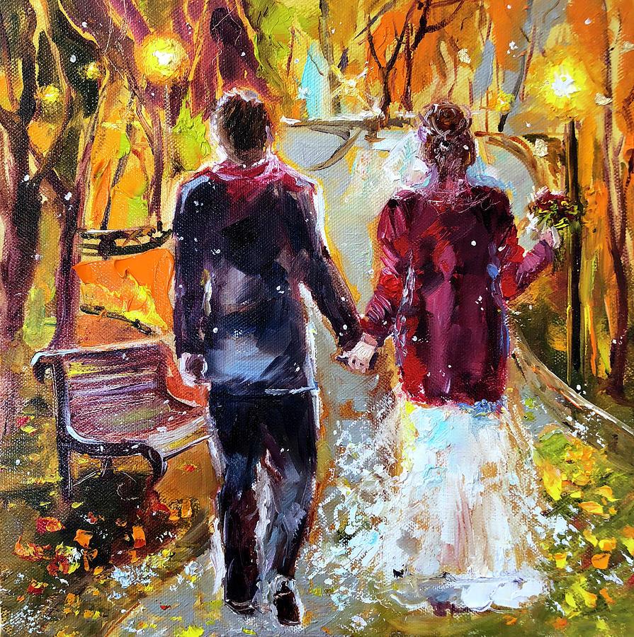 895x900 Couple fall in love, family wife and husband, Valentine's Day postcard, wedding, homeymoon, wedding Painting