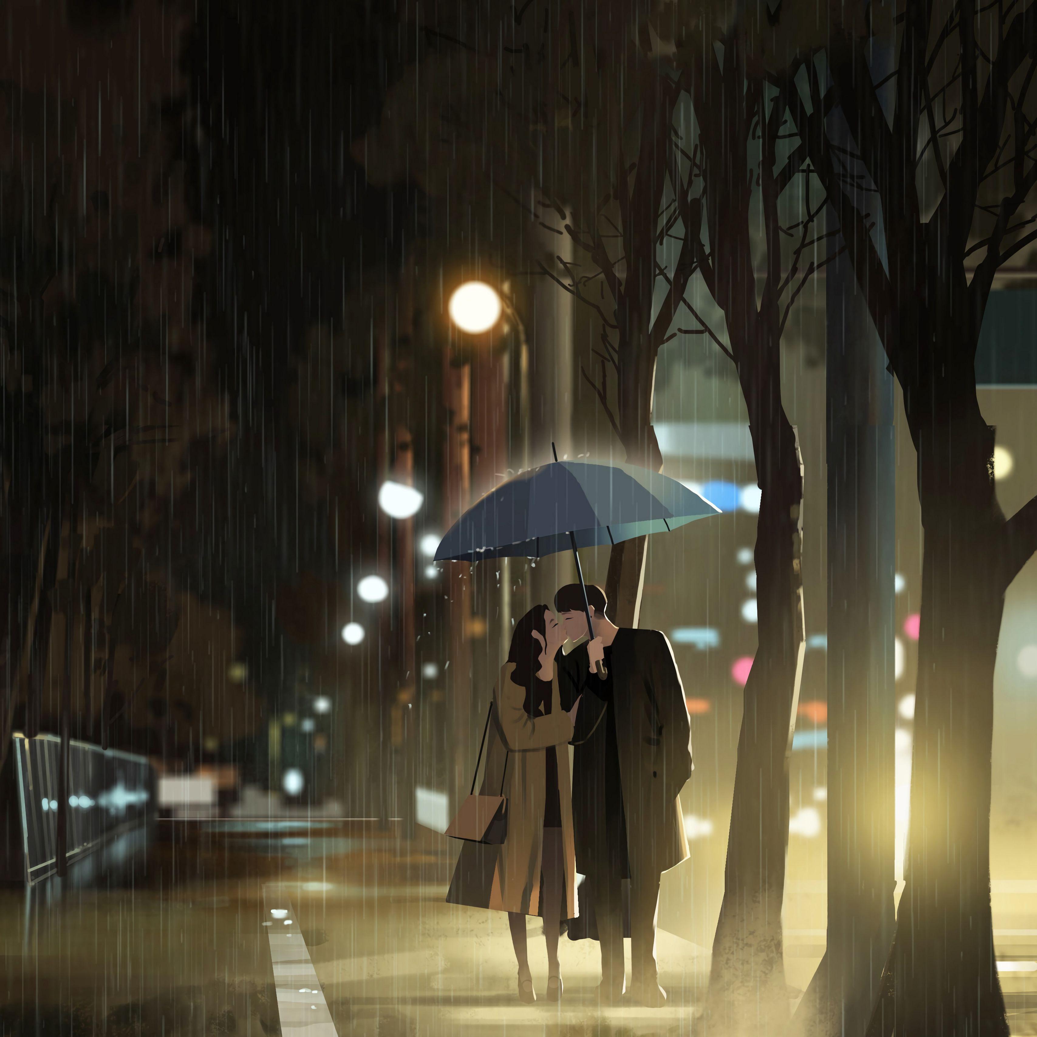 3415x3415 Download wallpaper 3415x3415 love, kiss, rain, art ipad pro 12.9 retina for parallax HD background