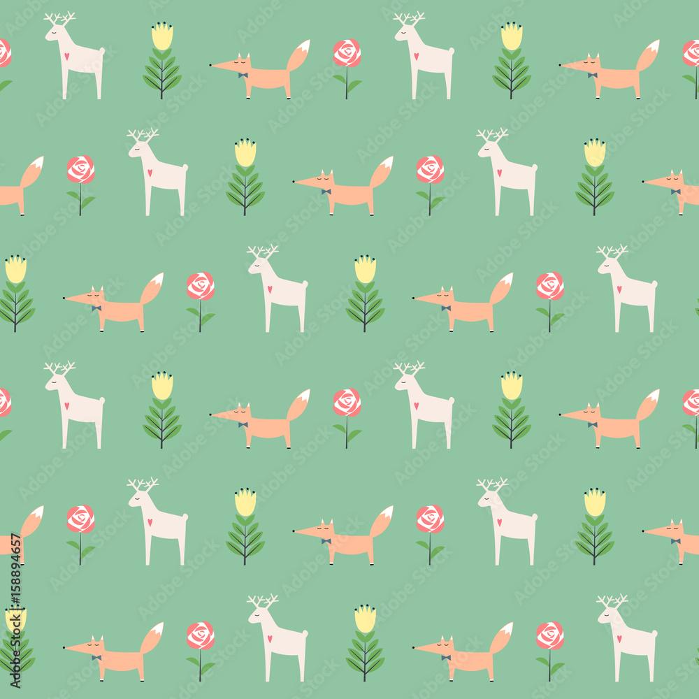 1000x1000 Little deer with fox and spring flowers seamless pattern on green background. Cute cartoon nature background. Child drawing style animal illustration. Spring design for textile, wallpaper, fabric Stock Vector