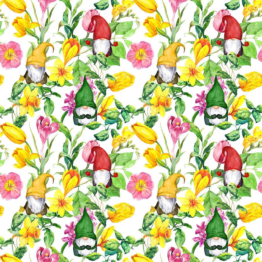 900x900 Scandinavian gnomes in spring flowers, green grass. Seamless pattern, floral background. Watercolor in bright hues Drawing