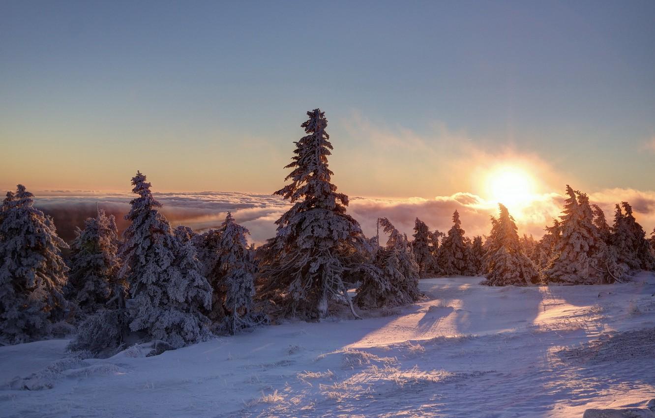 1332x850 Wallpaper Schnee, Berg, Brocken, Clouds, Morgen, Fog, Ice, Sunrise image for desktop, section пейзажи