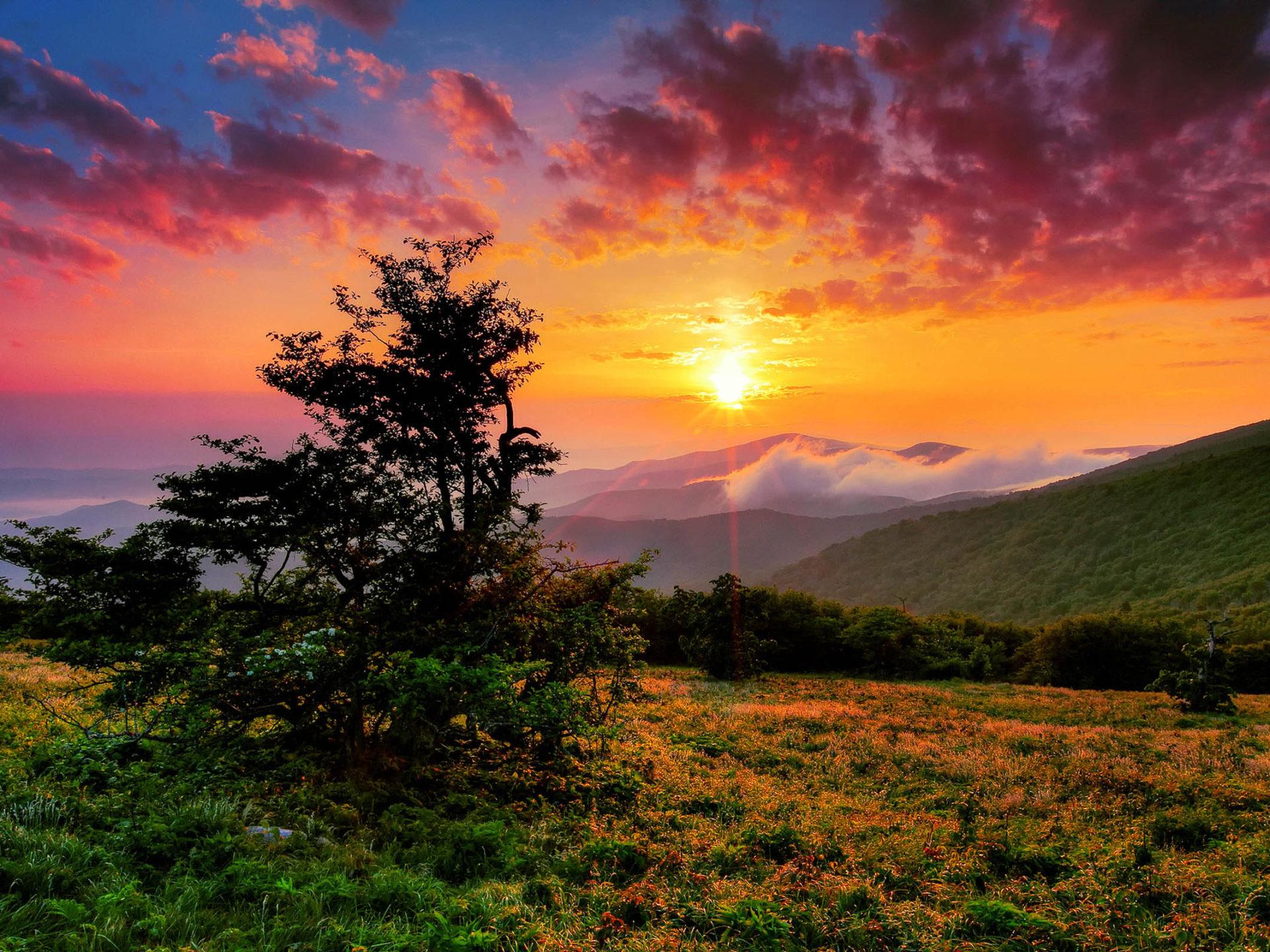 1920x1440 Sunset Red Sky Cloud Mountain Green Forest HD Desktop Wallpaper :