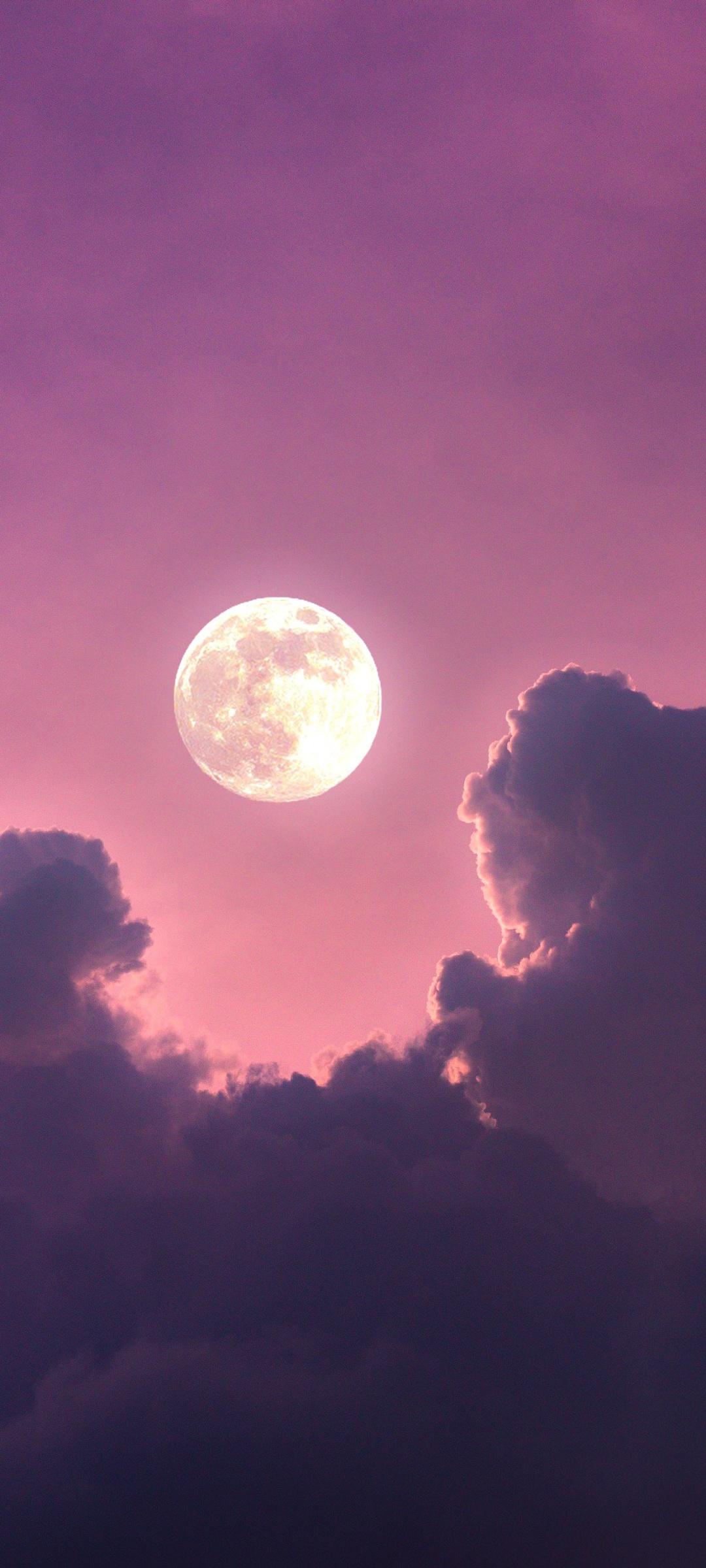 1080x2400 Full moon Wallpaper 4K, Clouds, Pink sky, Nature