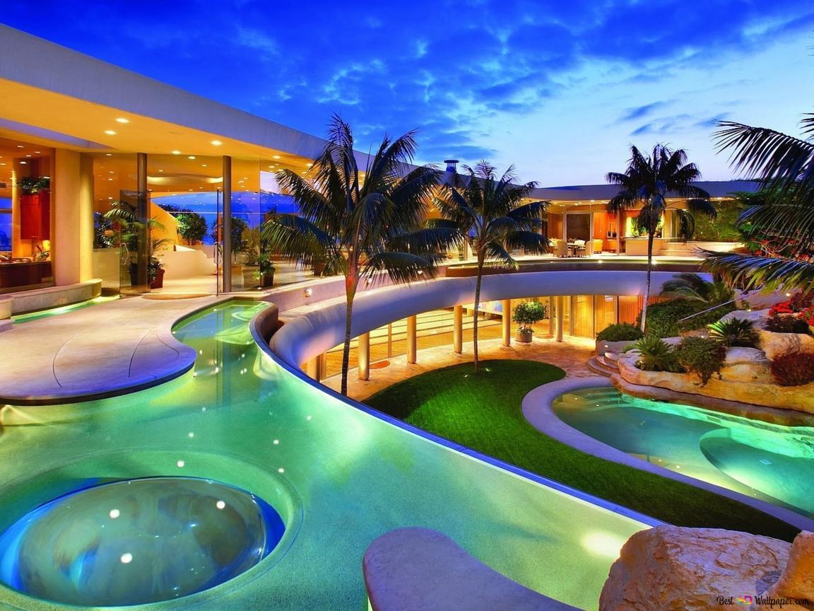 1152x864 Luxury hotel with pool 2K wallpaper download