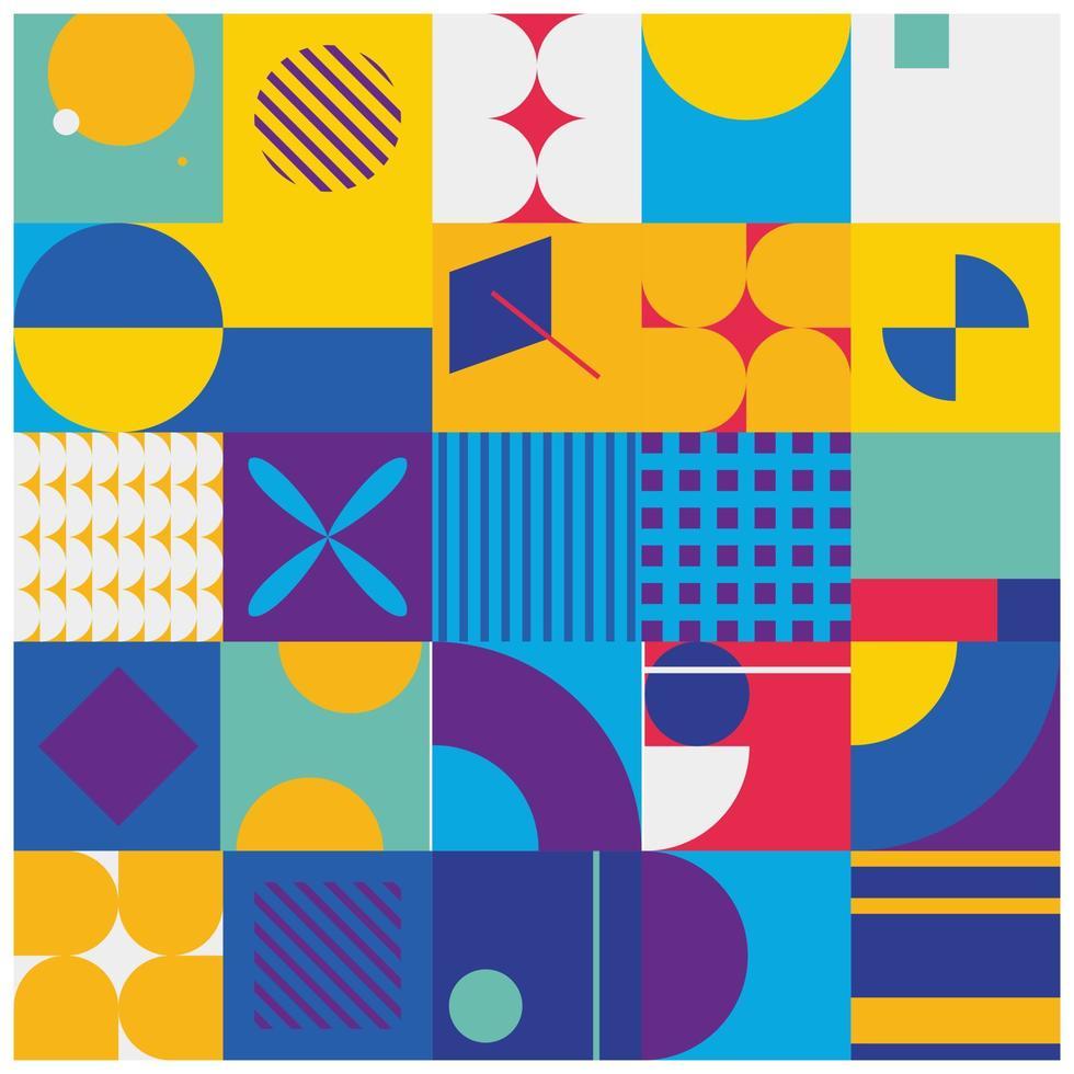 980x980 Geometric wallpaper in square orientation. Abstract background with patterns of circles, squares, triangles, and other geometric shapes in bright colors. Editable geometric illustration wallpaper