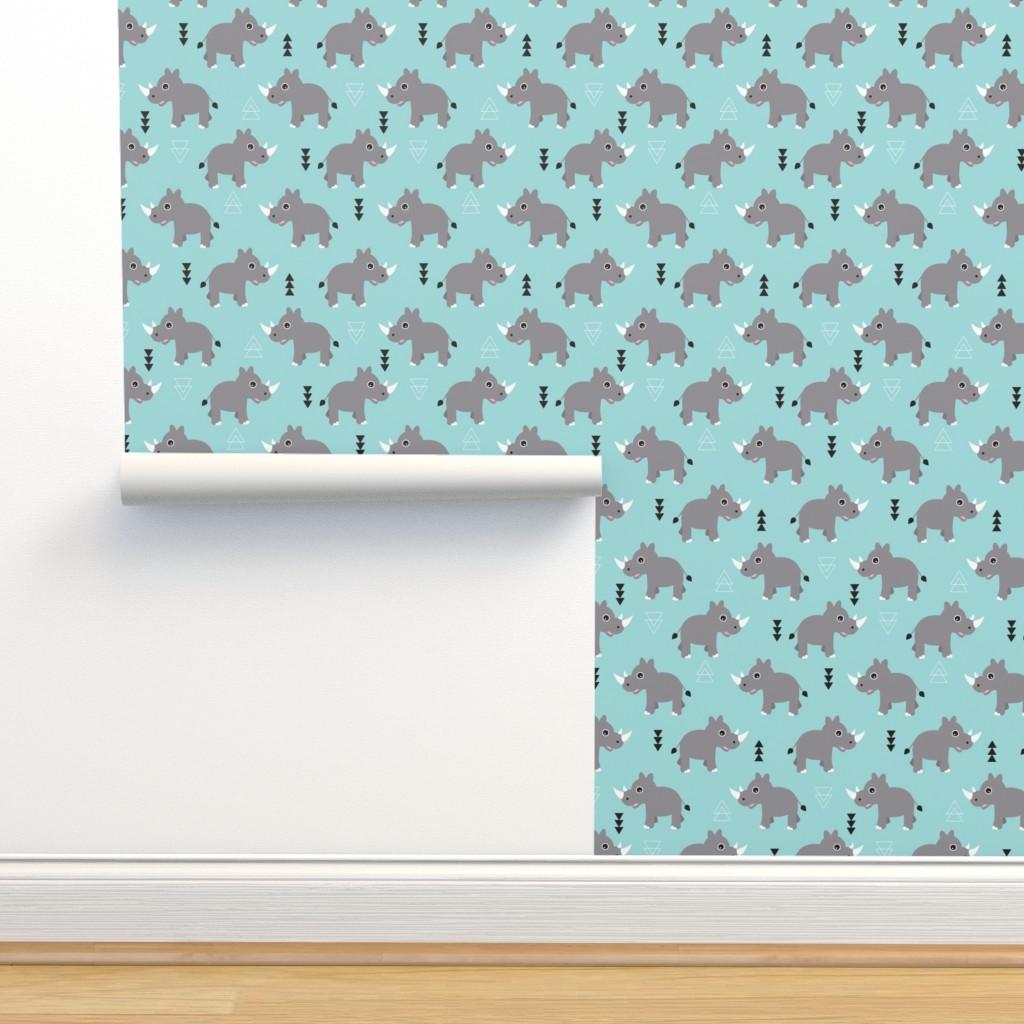 1024x1024 Cute Rhino jungle safari blue geometric Wallpaper