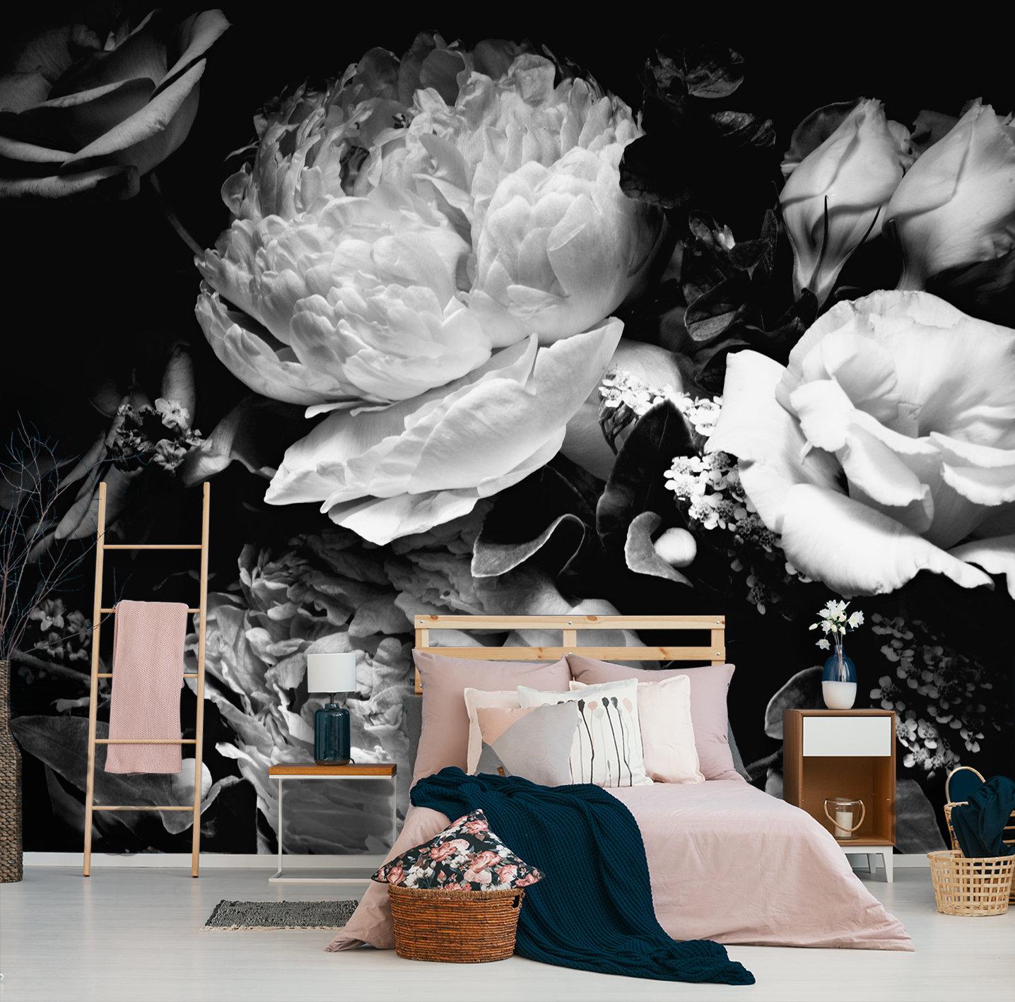 1436x1418 Peony Flower Wallpaper Self Adhesive Wall Decor Black and