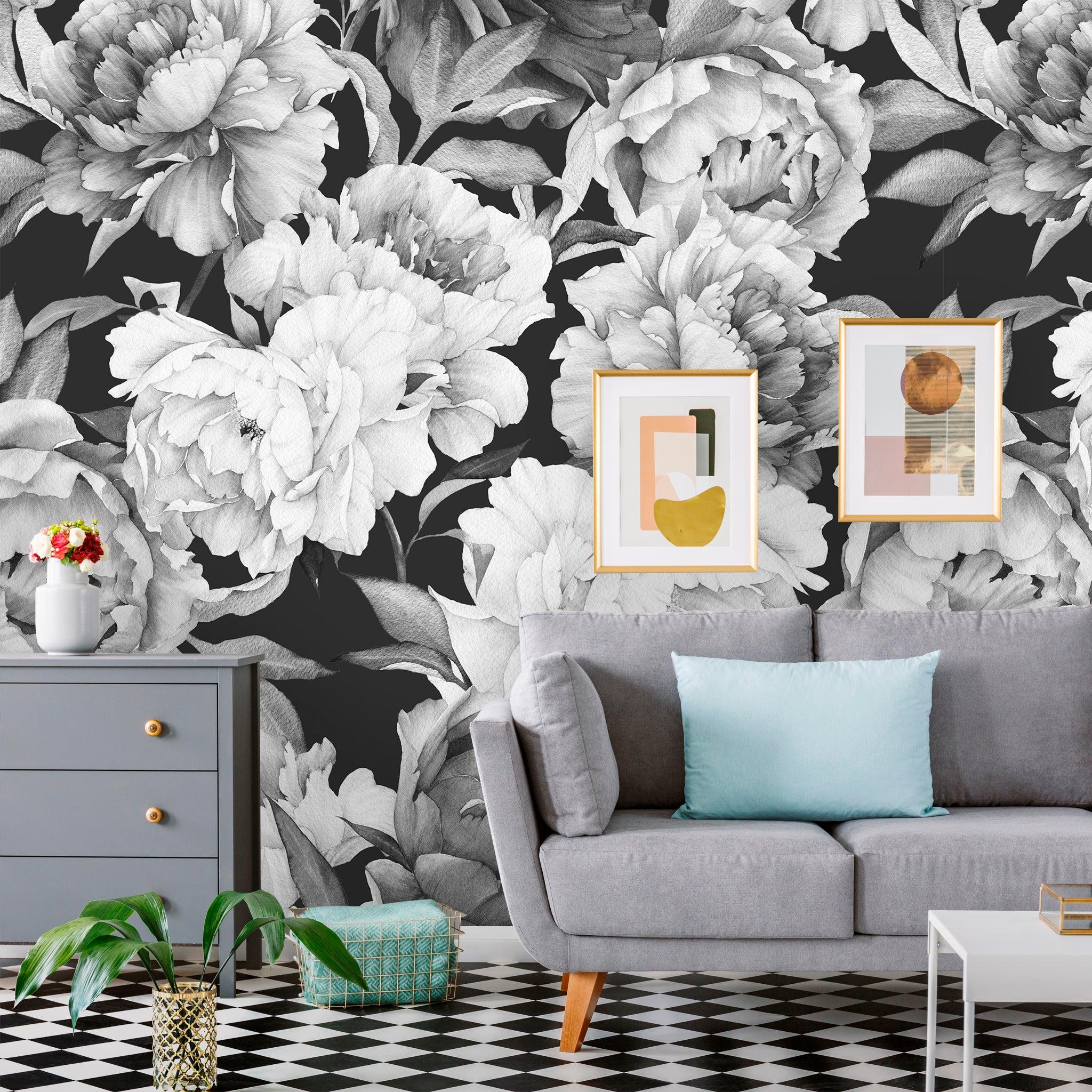 2048x2048 Black and White Flowers Floral Removable Wallpaper