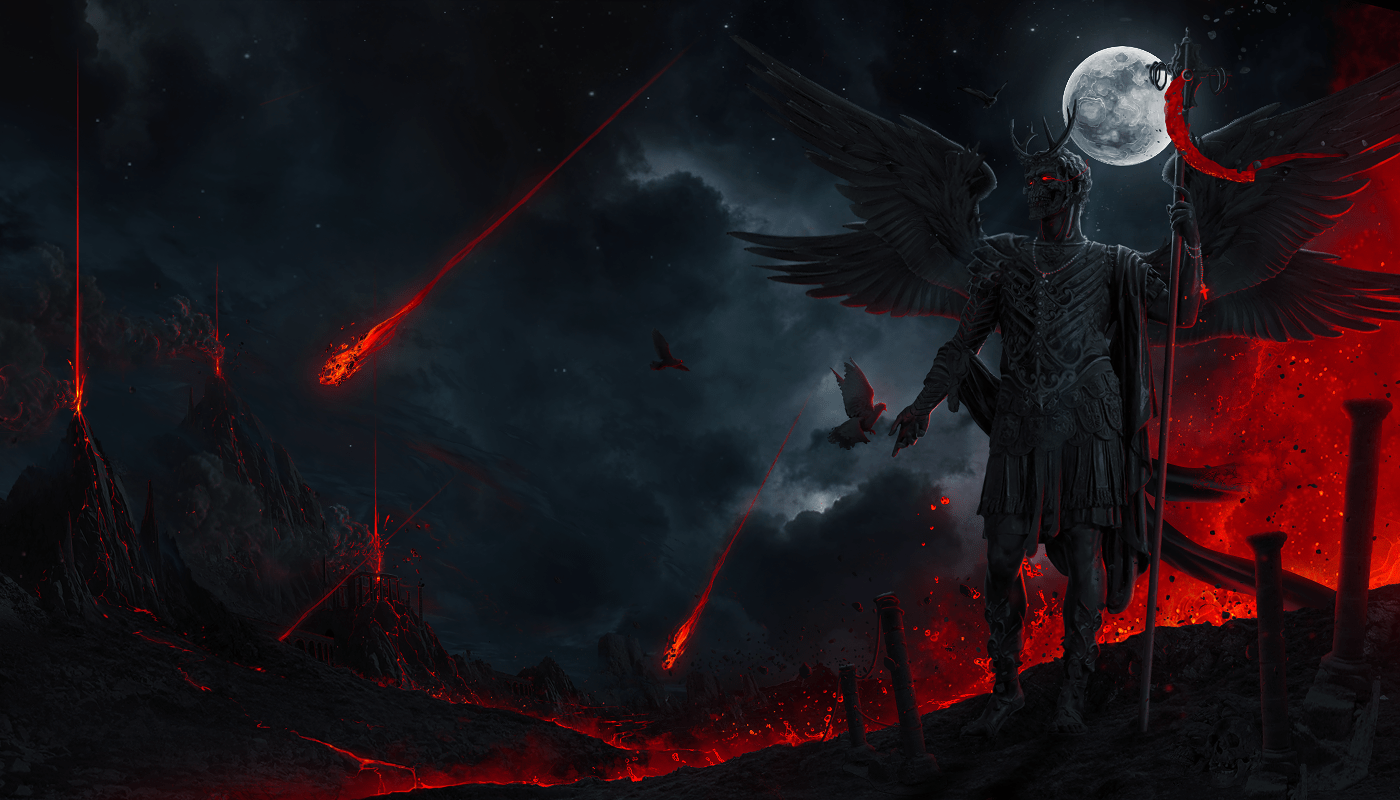 1400x800 spear, Photohop, wings, armor, birds, fire, meteorite, digital art, pillar, lava, smoke, night, volcano, dark, glowing, horns, men, Moon, asteroid, skull Gallery HD Wallpaper