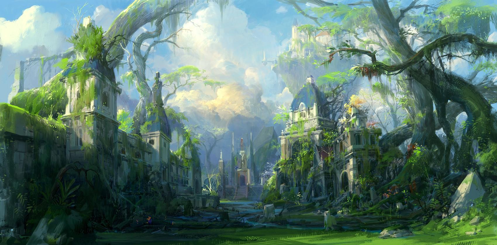 1700x840 Wallpaper / artwork, forest, castle, fantasy art, digital, ruin, nature free download