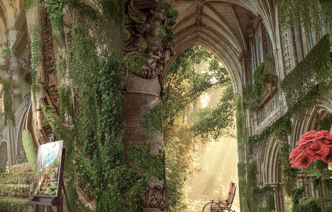 1332x850 Wallpaper flowers, castle, ruins, corridors image for desktop, section арт