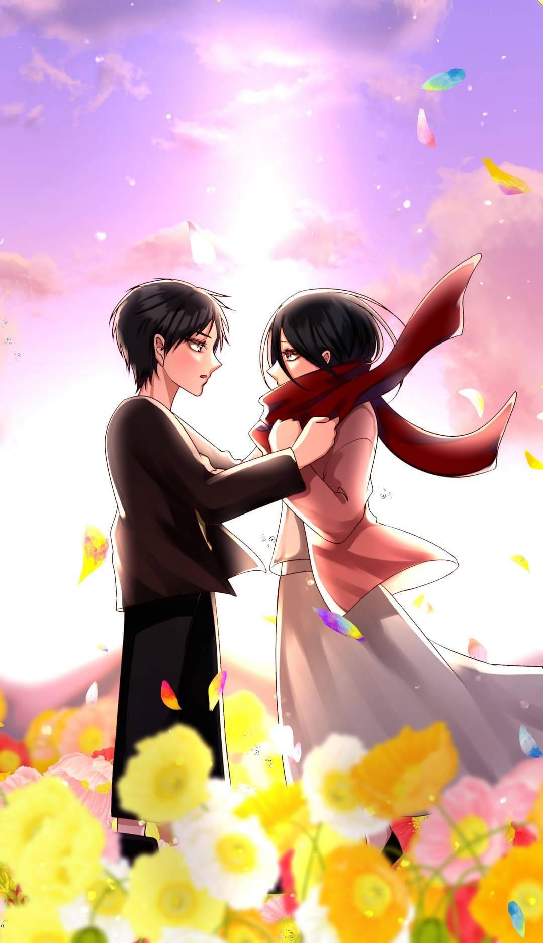 1080x1875 Download Eren Mikasa Cute Flower Field Wallpaper