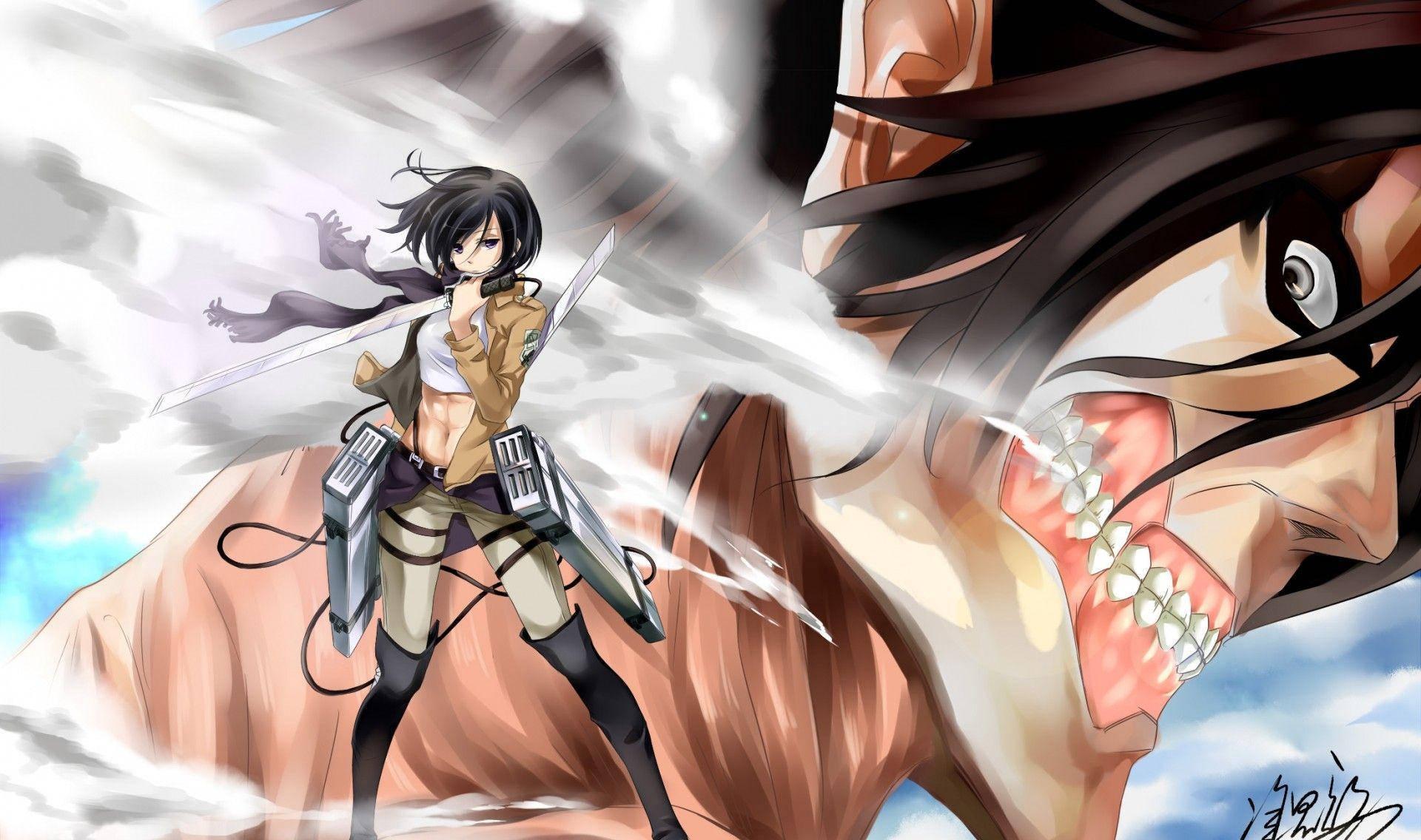 1920x1136 Download Mikasa With Titan Eren Wallpaper