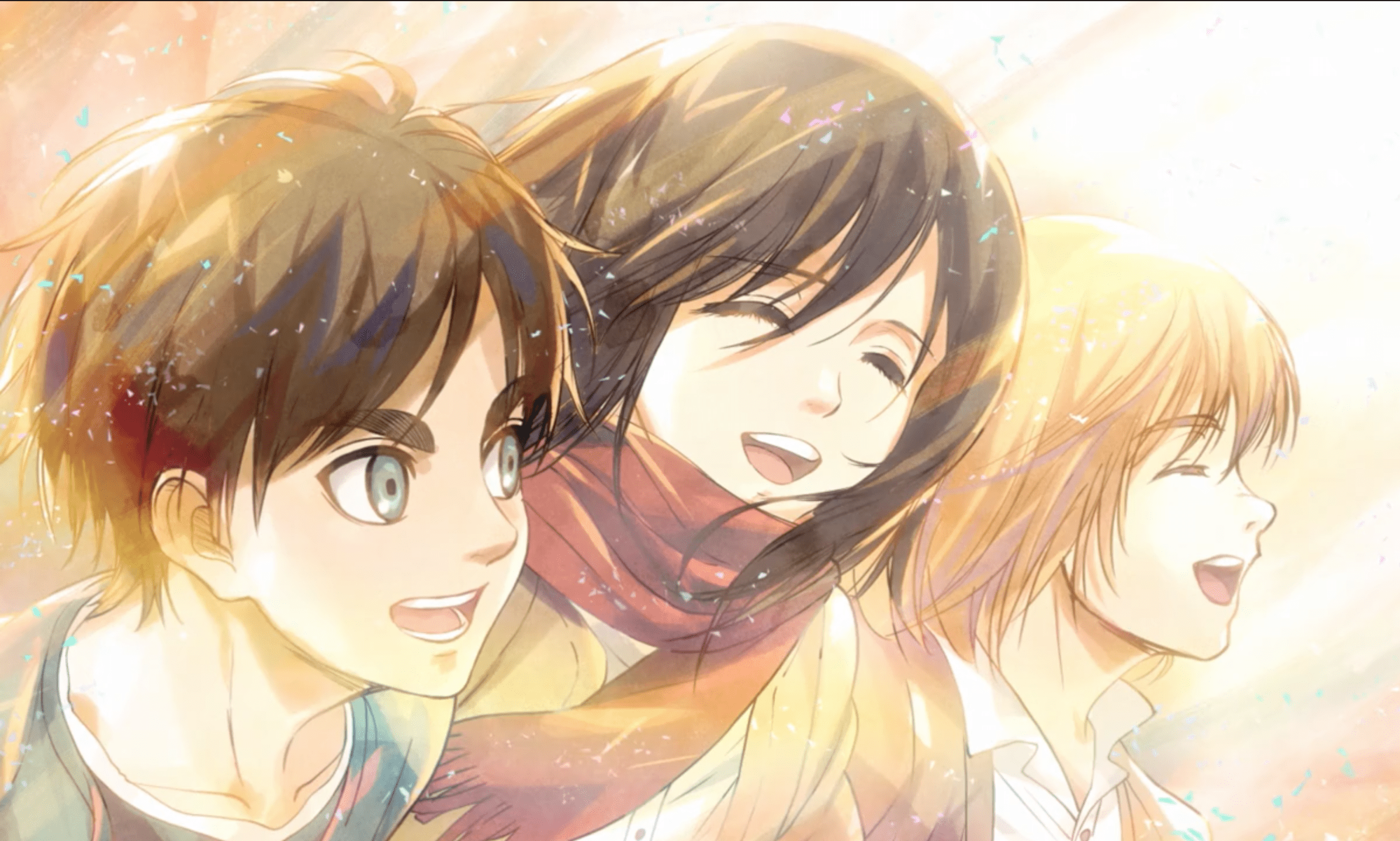 2396x1440 Armin Arlert Eren Yeager Mikasa Ackerman Shingeki No Kyojin Wallpaper:2396x1440