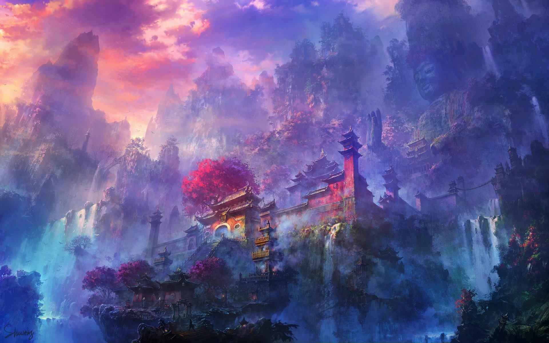 1920x1200 digital Art, Temple, Forest, Ancient, Waterfall Wallpaper HD / Desktop and Mobile Background