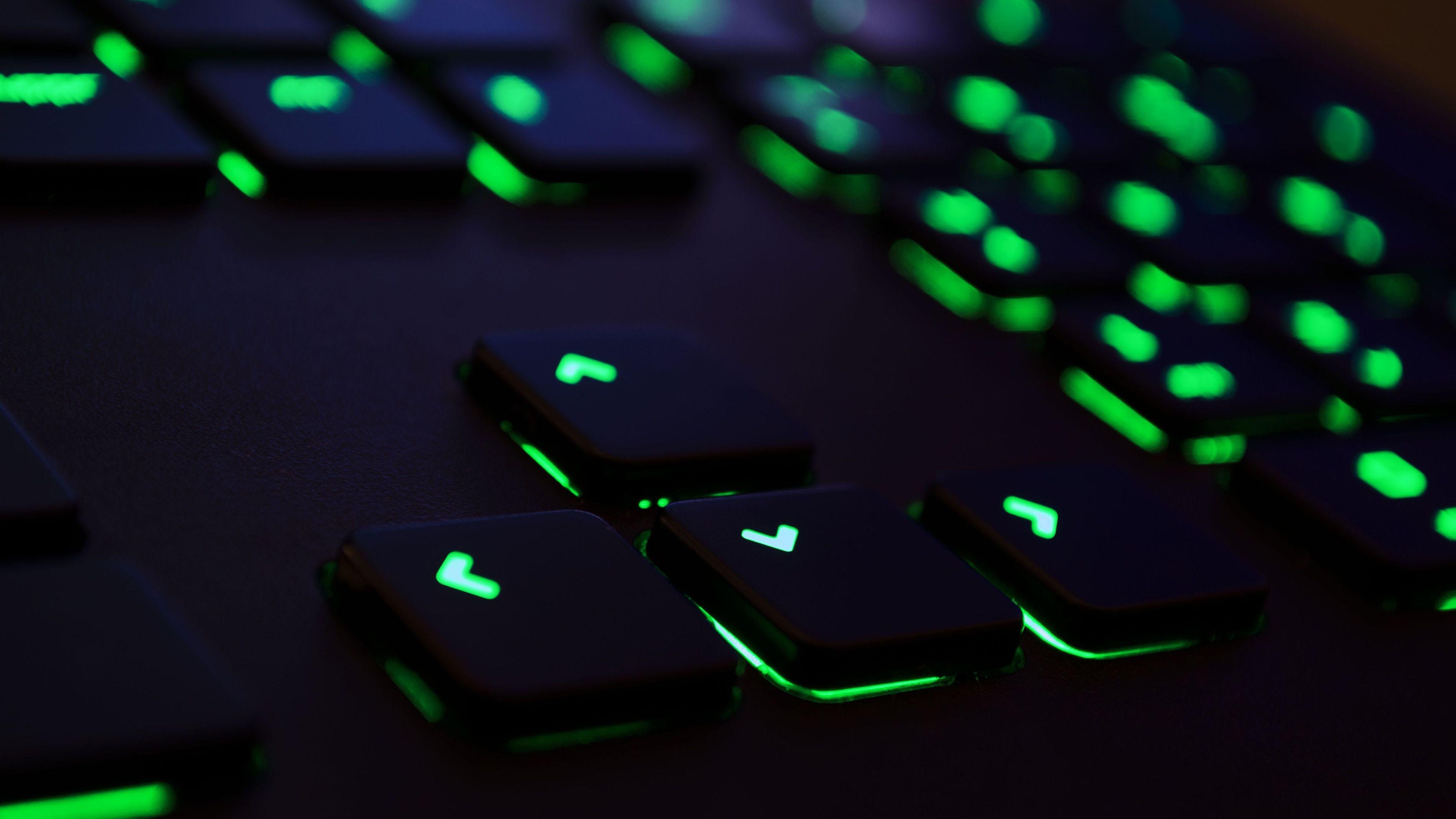 3840x2160 black, green, blue, technology, keyboards, Razer, Razer Deathstalker, light, color, shape, design, line, darkness, number, screenshot, display device, computer keyboard Gallery HD Wallpaper