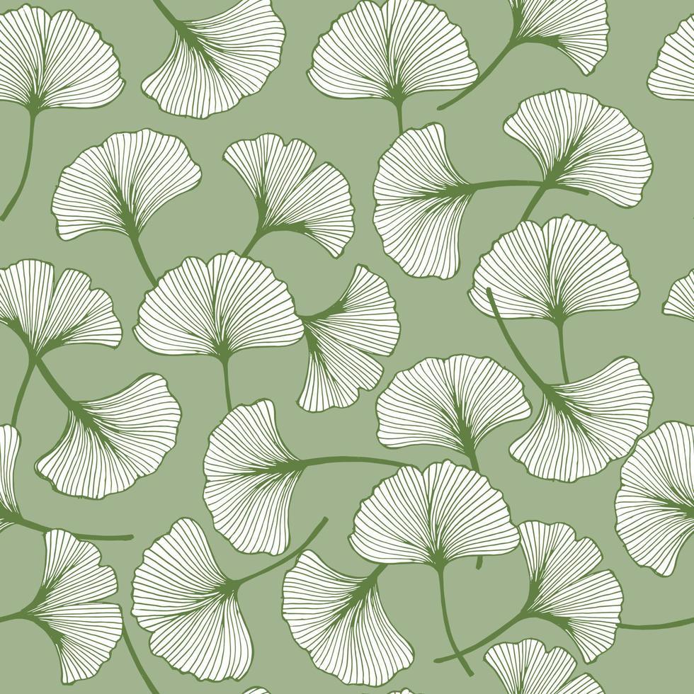 980x980 Seamless Pattern, Hand Drawn Delicate Leaves Of Ginkgo Biloba, Green Outline, Background, Design For Textiles, Wallpaper, Decor