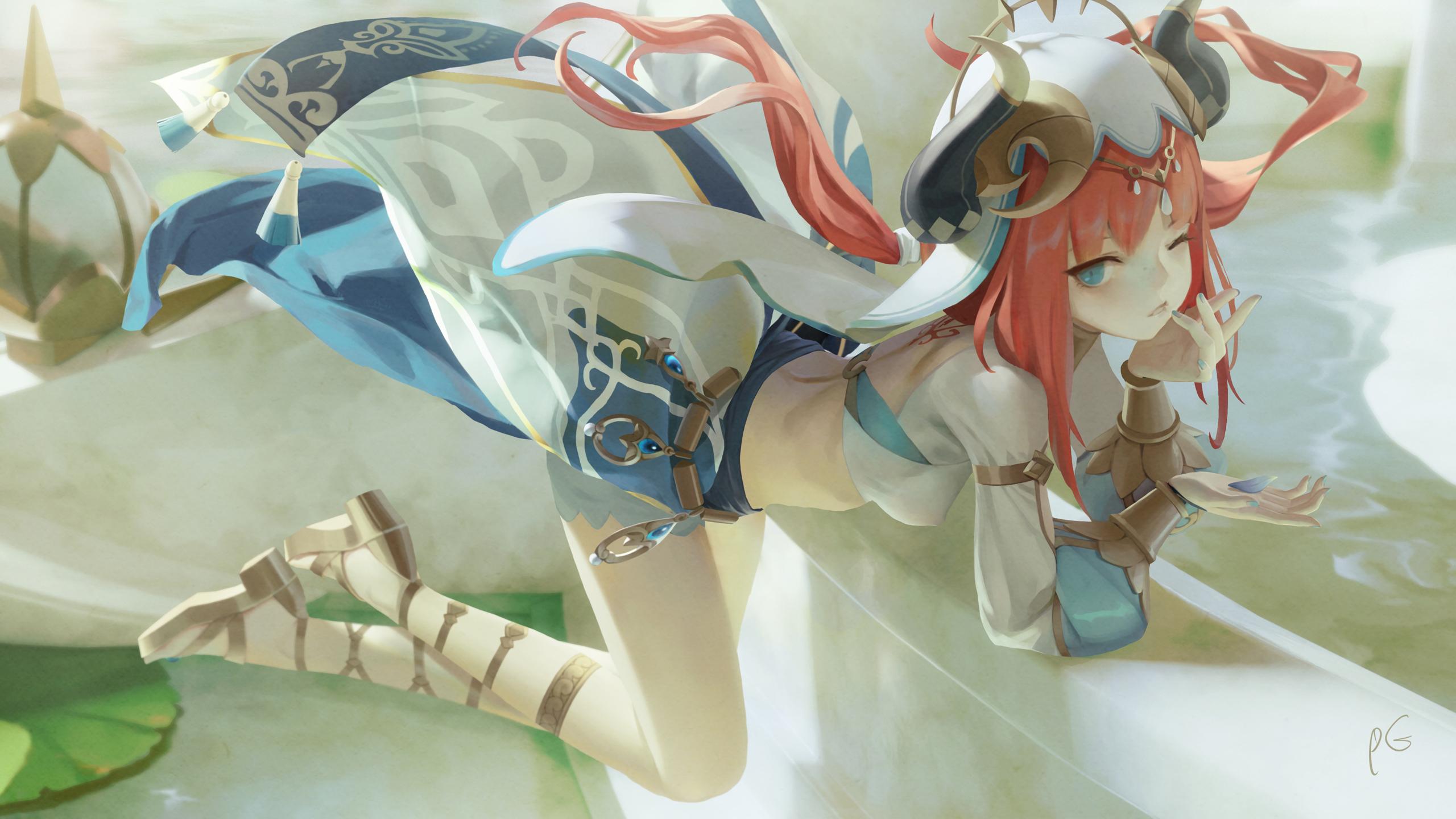 2560x1440 pupil g genshin impact nilou heels horns no bra tattoo wallpaper.