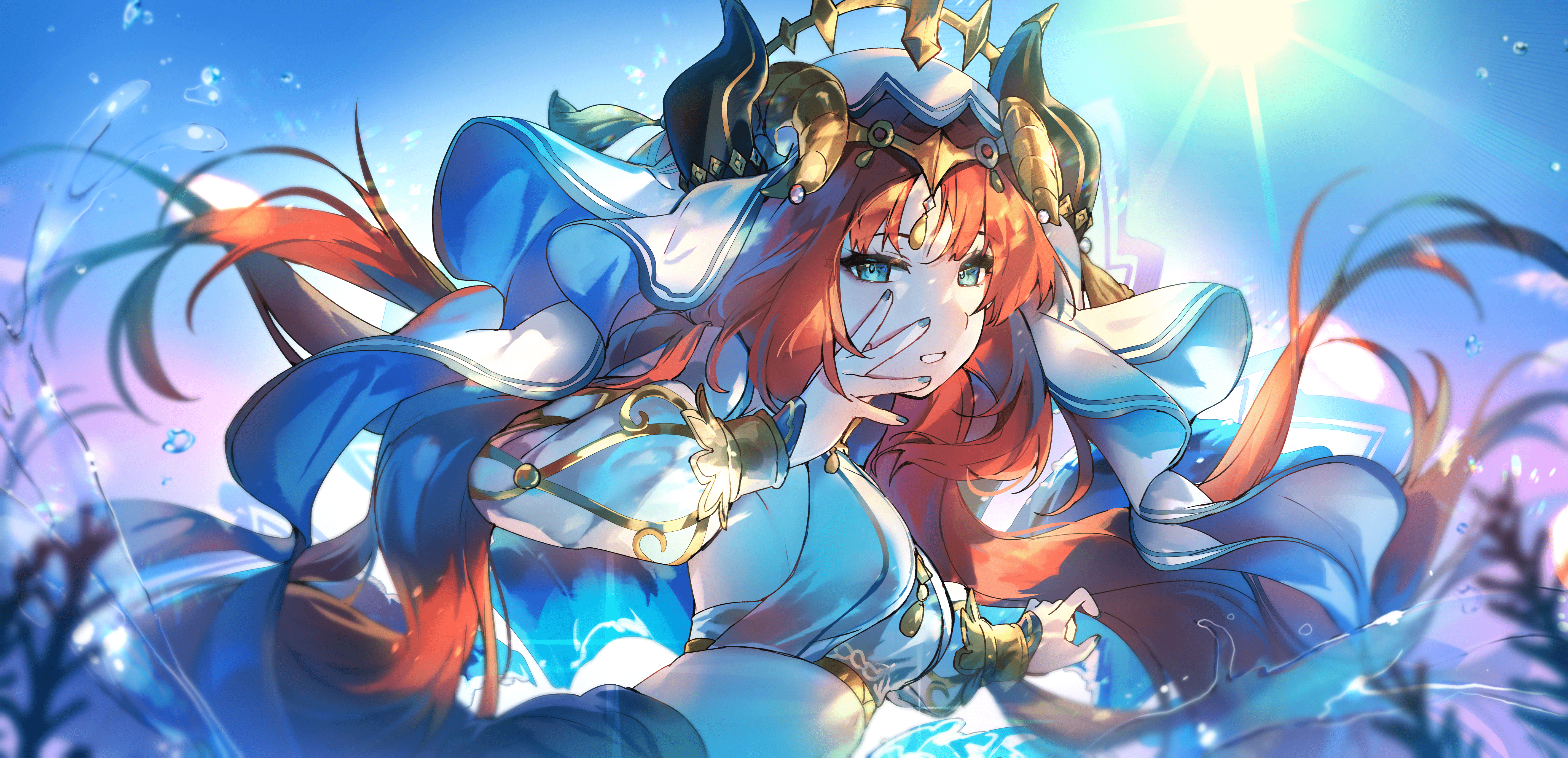 5688x2749 Anime Anime Girls Nilou Genshin Impact Genshin Impact Redhead Horns Blue Eyes Wallpaper:5688x2749