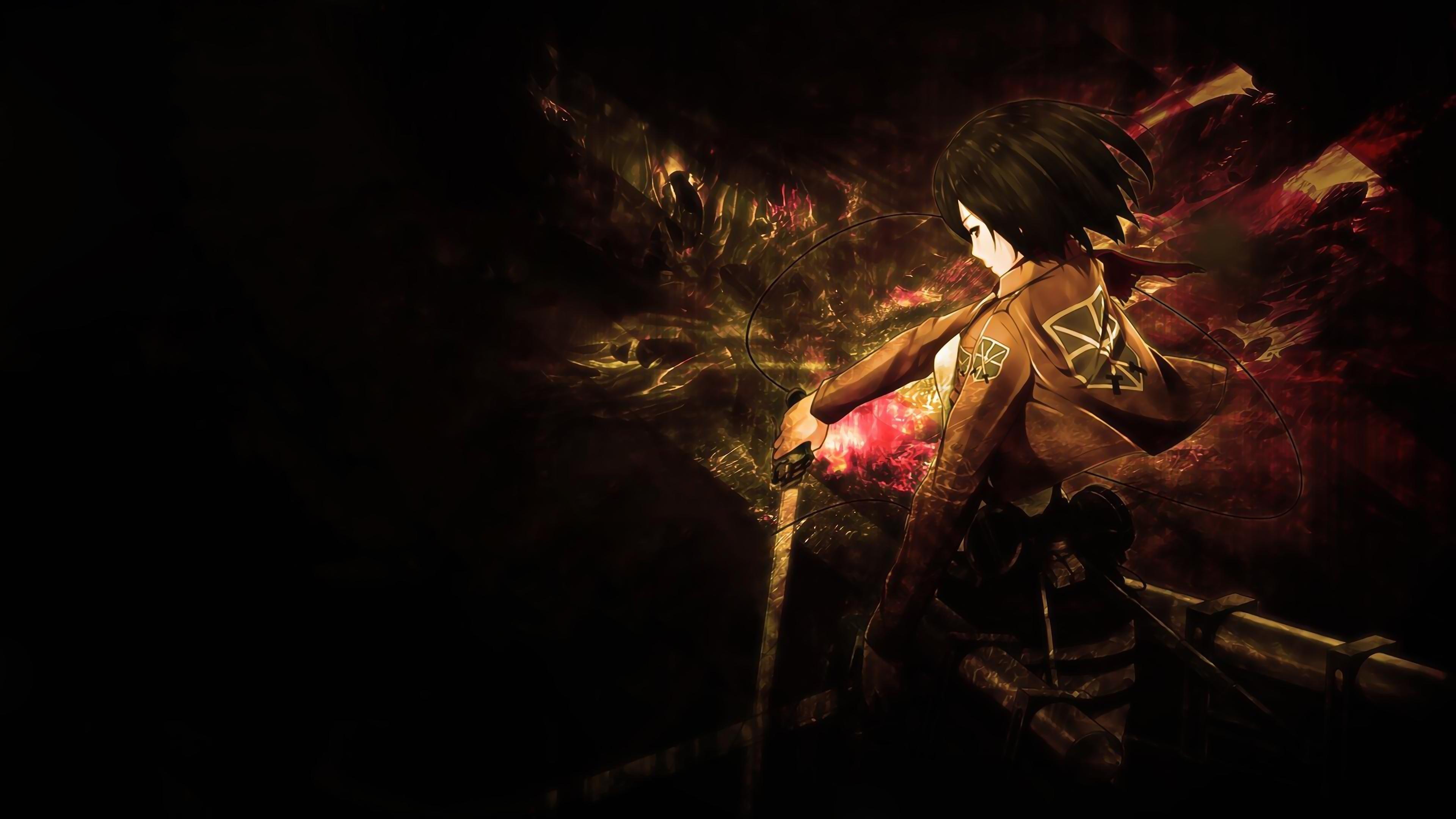 3840x2160 night, Shingeki no Kyojin, Mikasa Ackerman, darkness, screenshot Gallery HD Wallpaper