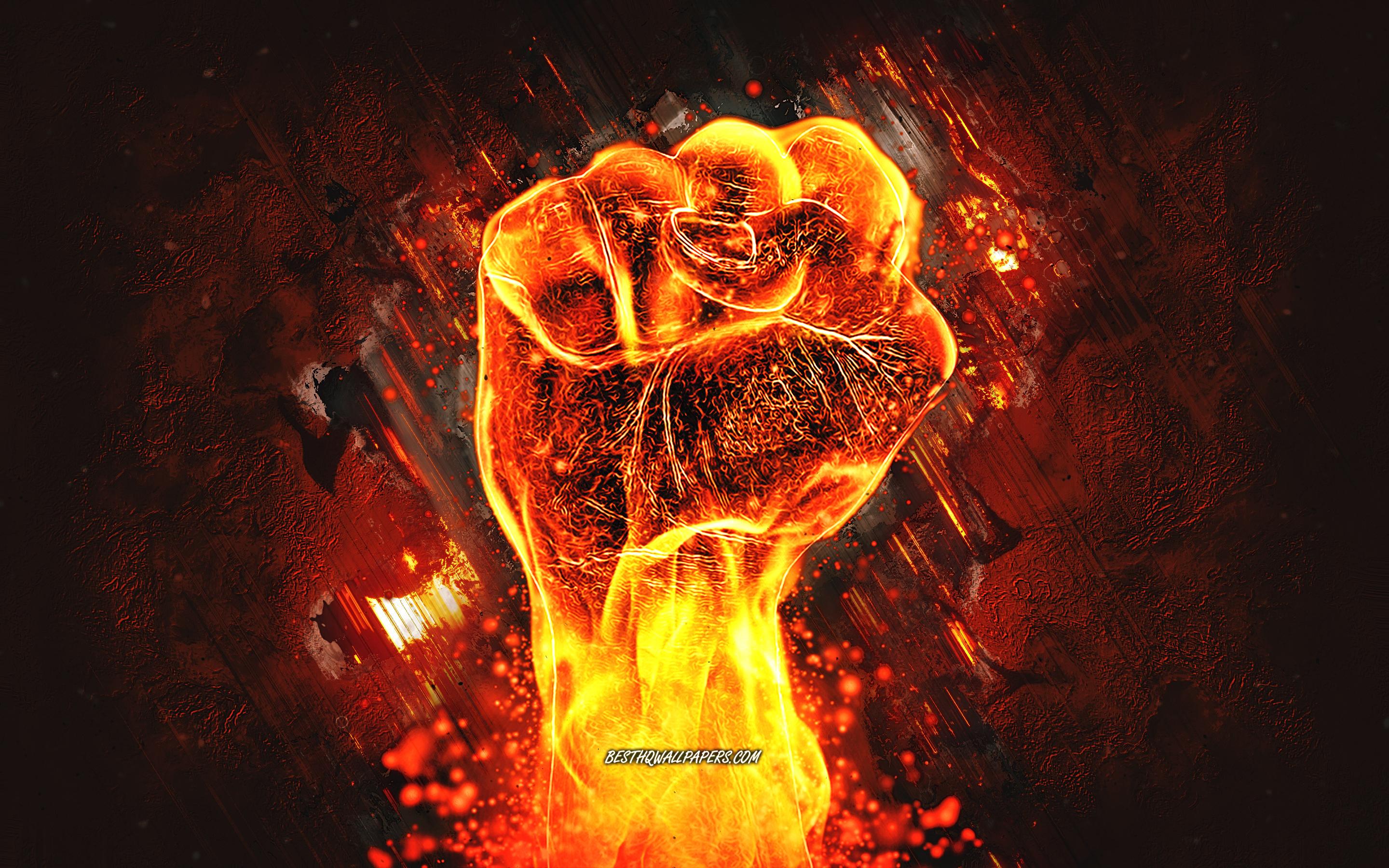 2880x1800 Download wallpaper fiery fist, orange stone background, power concepts, fire, fiery hand, flame, grunge art, power for desktop with resolution 2880x1800. High Quality HD picture wallpaper