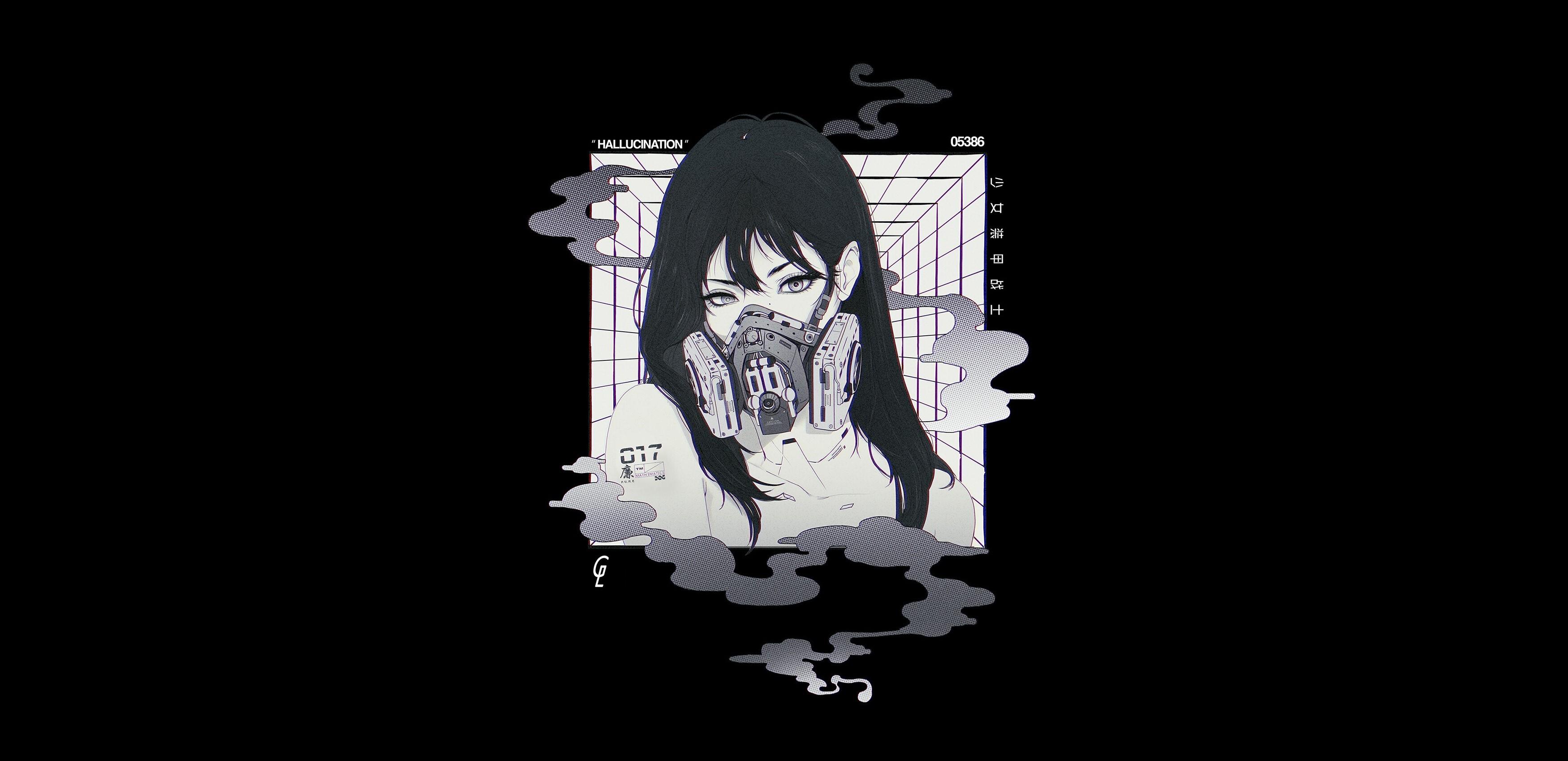 3500x1700 Wallpaper / anime girls, face, mask, anime, monochrome, cyberpunk free download