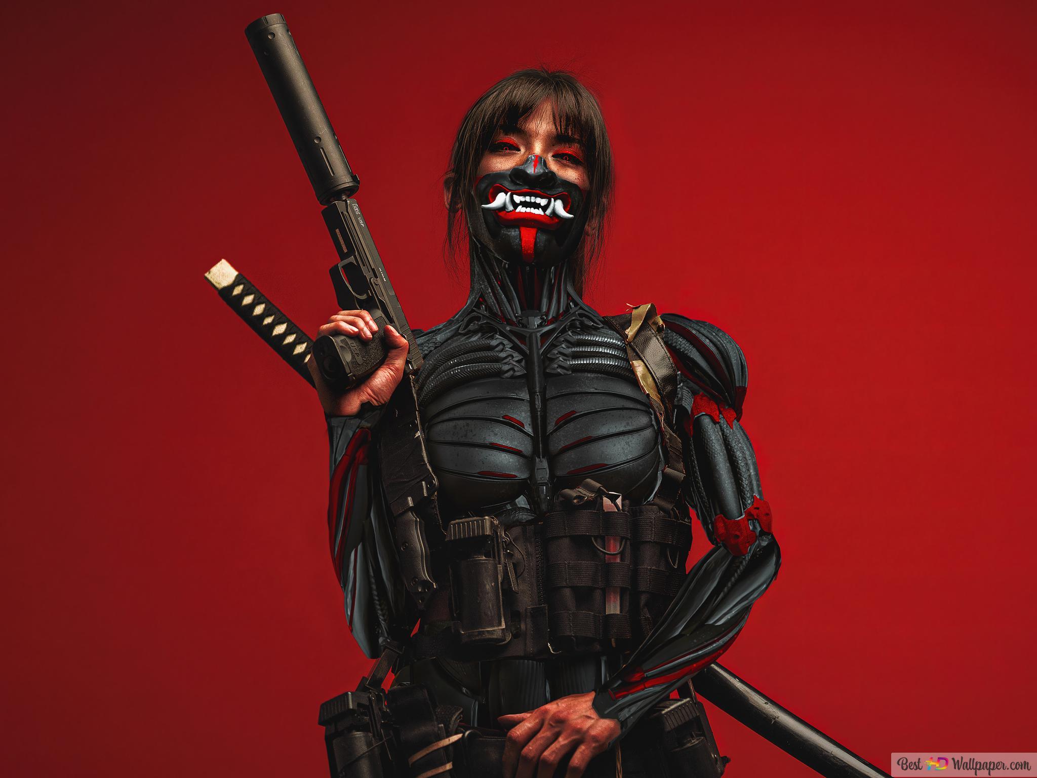 2048x1536 Cyberpunk Girl Samurai Oni Mask 4K wallpaper download