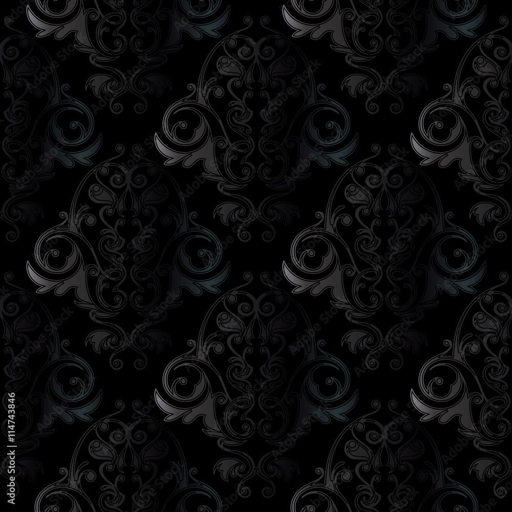 1000x1000 Vector dark damask seamless pattern background. Elegant luxury texture for wallpaper, background and page fill. 3D elements with shadows and highlights. Paper cut. Stock Vector
