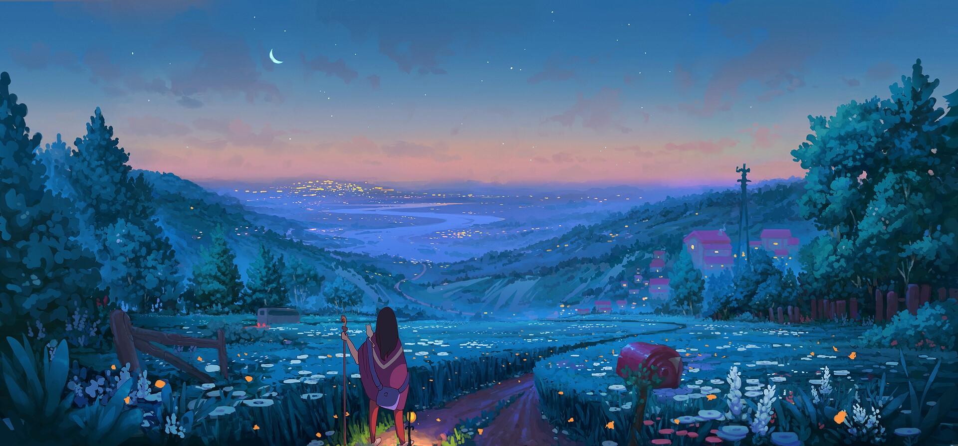 1920x895 trees, forest, Denis Istomin, Van, mailbox, lantern, flowers, sunset, artwork, sky, fantasy art, river Gallery HD Wallpaper