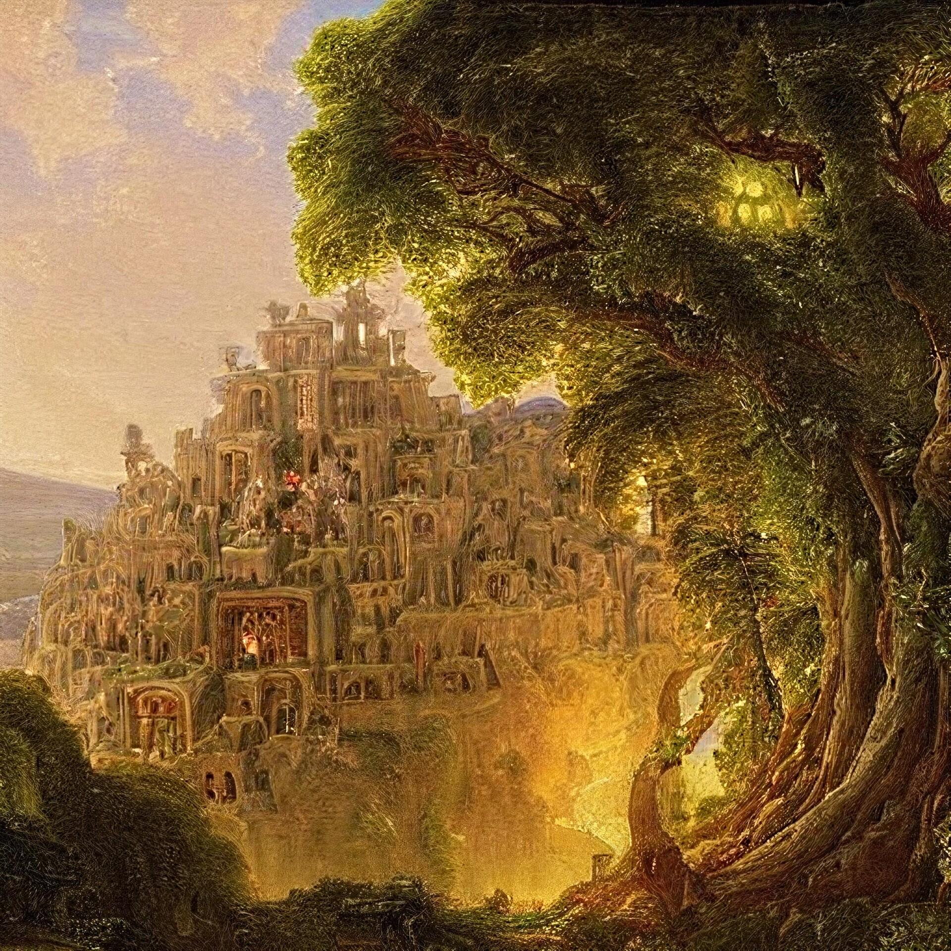 1920x1920 Giant tree and medieval city in the style of Thomas Cole