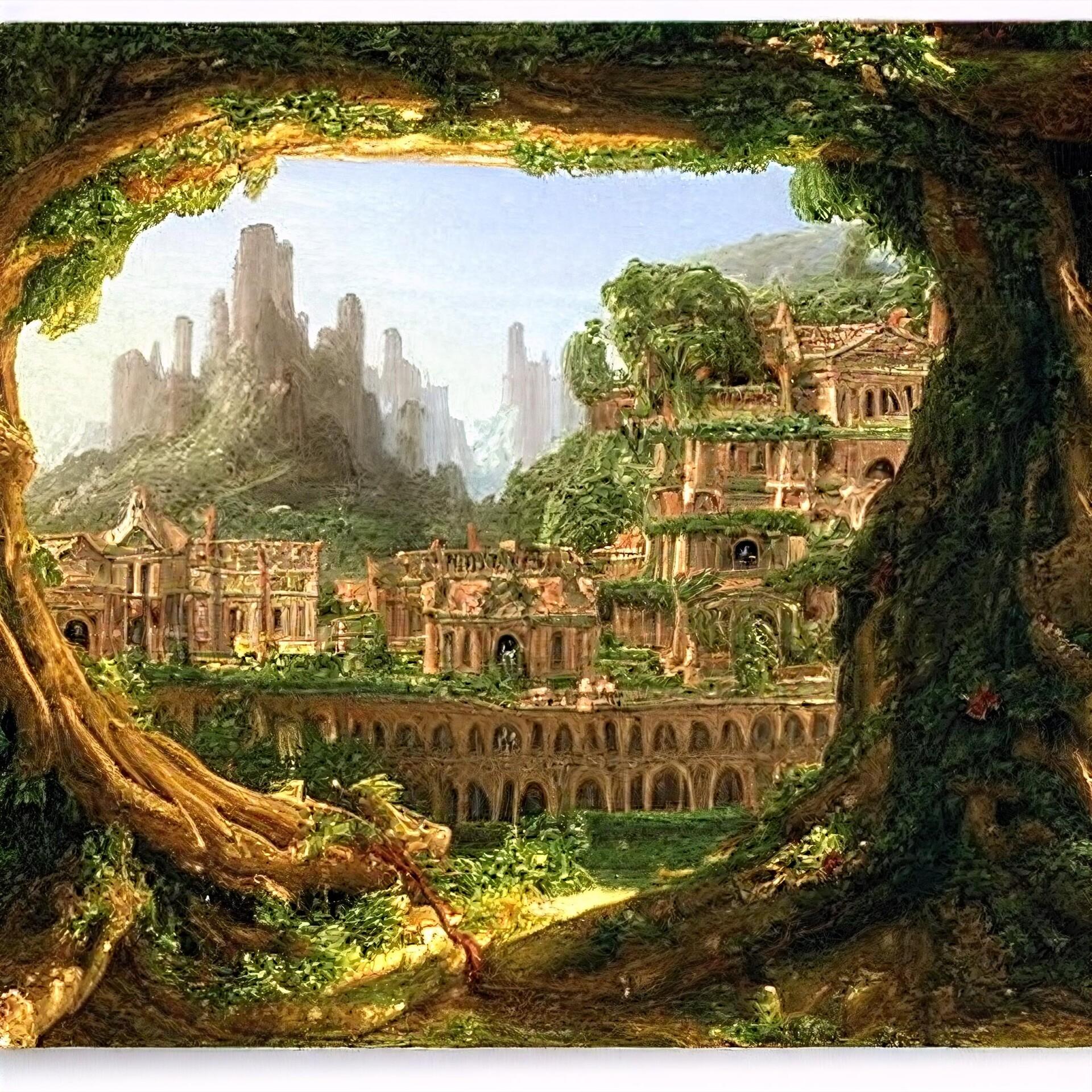 1920x1920 Giant tree and medieval city in the style of Thomas Cole