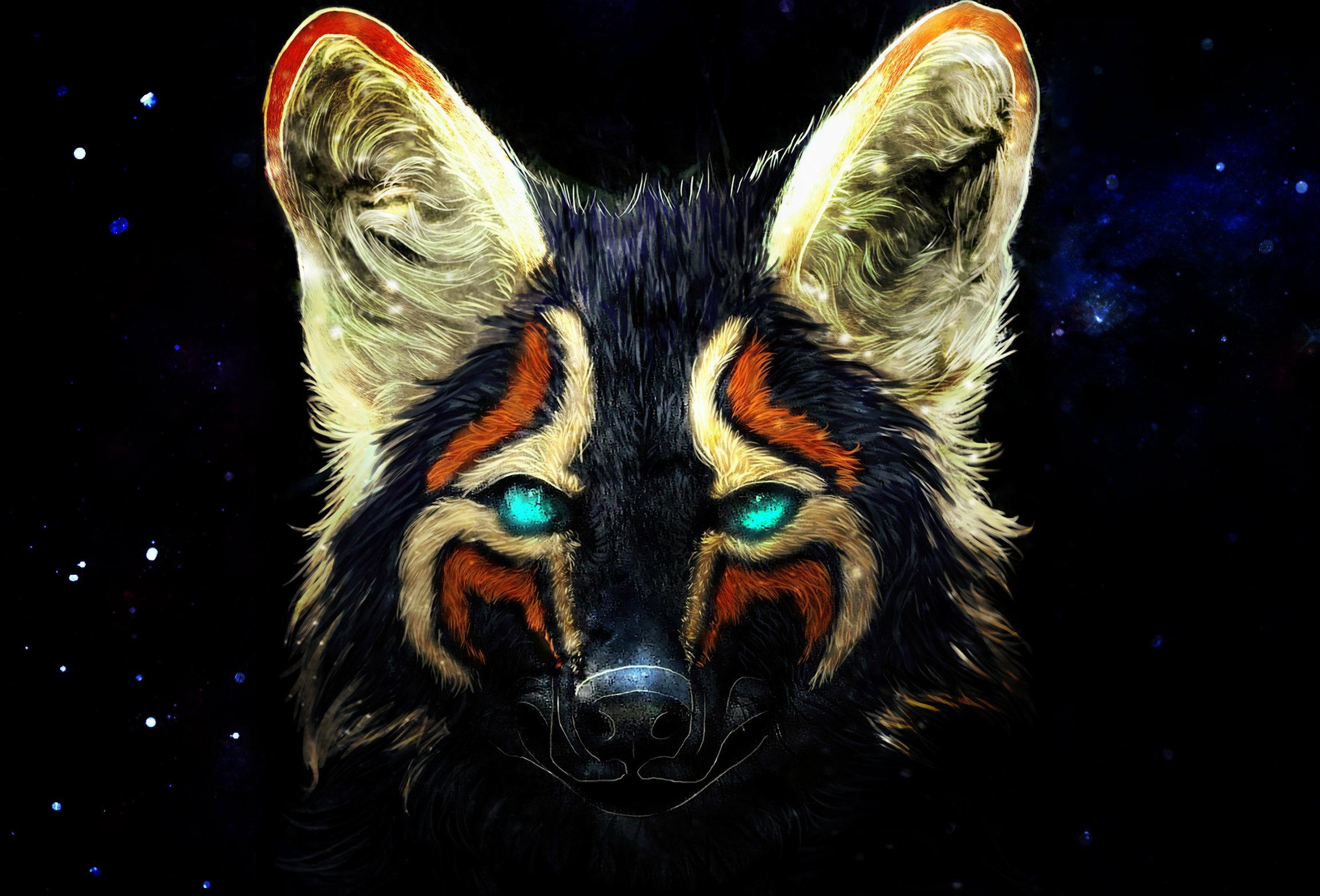 2306x1565 fox, animals, digital art, blue eyes, space Gallery HD Wallpaper