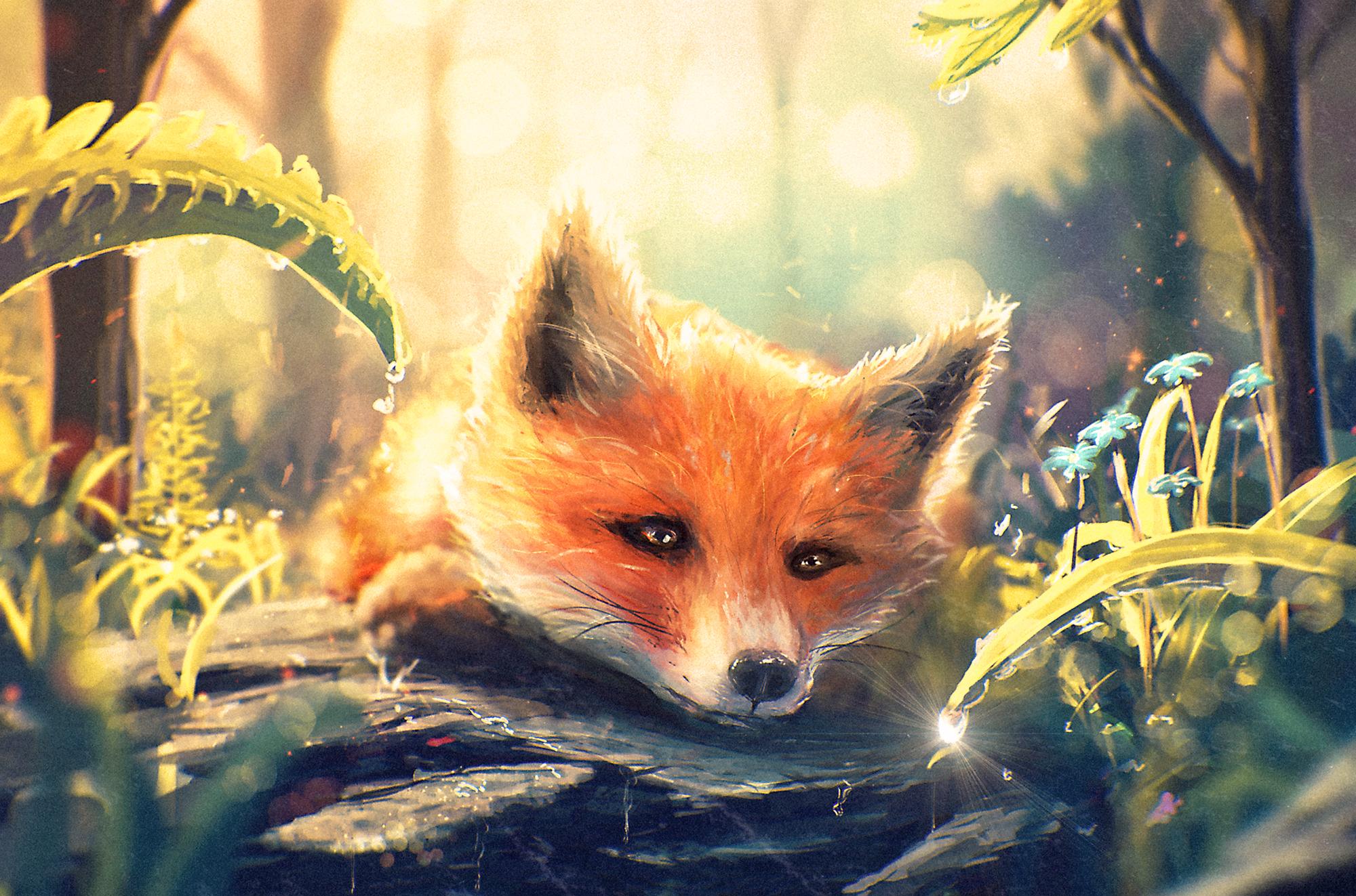 2000x1323 Sylar113 Animals Fox Ferns Forest Artwork Sunlight Dew Sparkle Baby Animals Blue Flowers Wallpaper:2000x1323
