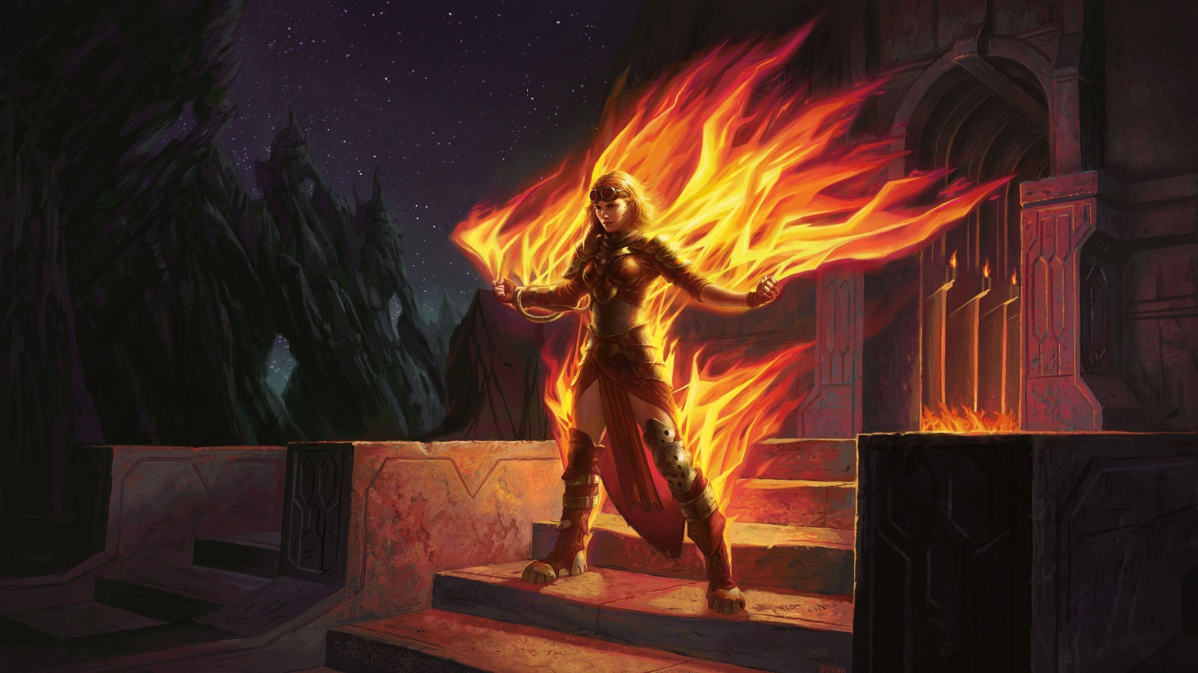 3840x2160 video games, women, fantasy art, fire, Magic The Gathering, Chandra Nalaar, Magic Duels Origins, ART, darkness, screenshot, musical theatre Gallery HD Wallpaper
