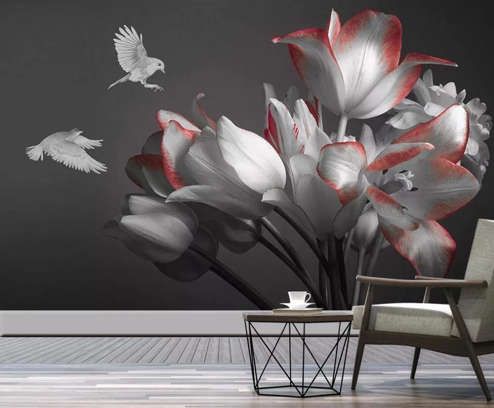 999x826 Custom 3D Mural Wallpaper Modern Minimalist Aesthetic Beautiful Tulip Flowers Bird Bedroom Wall & Textile Wallcoverings