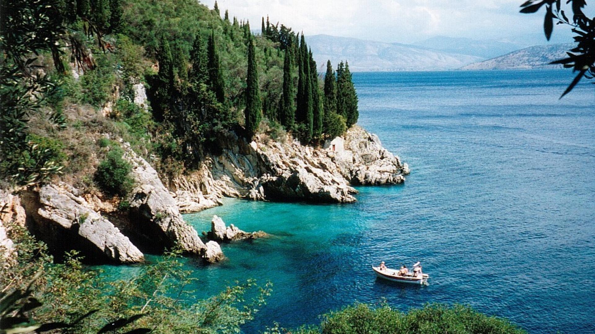 1920x1080 Landscapes trees europe islands boats greece sea wallpaper