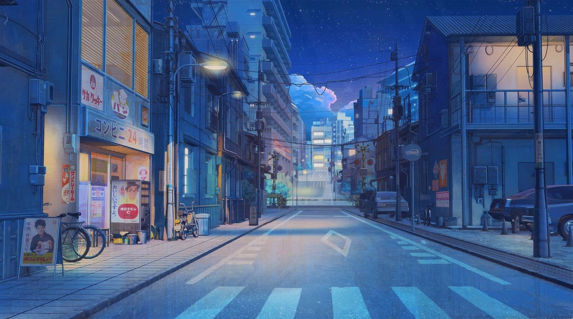 1914x1066 Download Blue Anime Japanese Street At Night Wallpaper