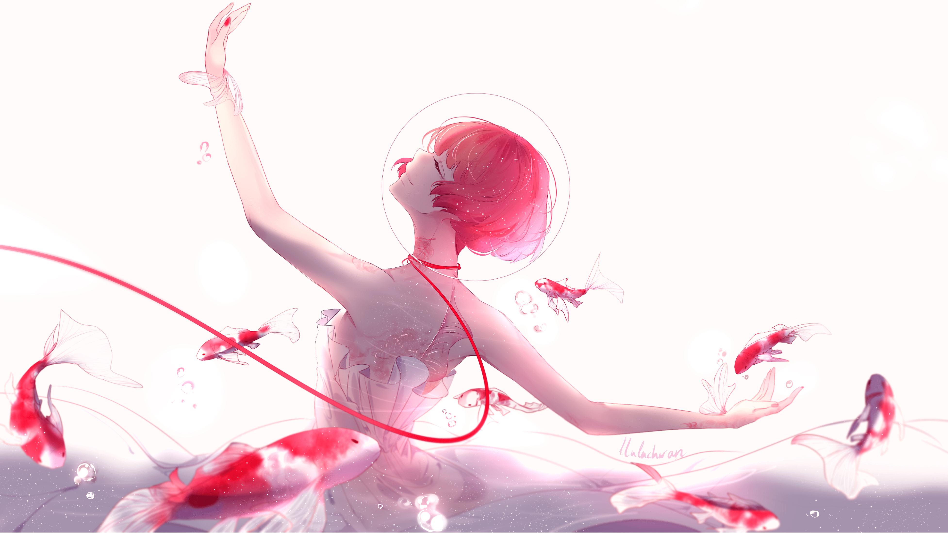 3907x2200 Ballet dancer, 4K, Anime girl, Koi fishes, Pink, Fishes Gallery HD Wallpaper