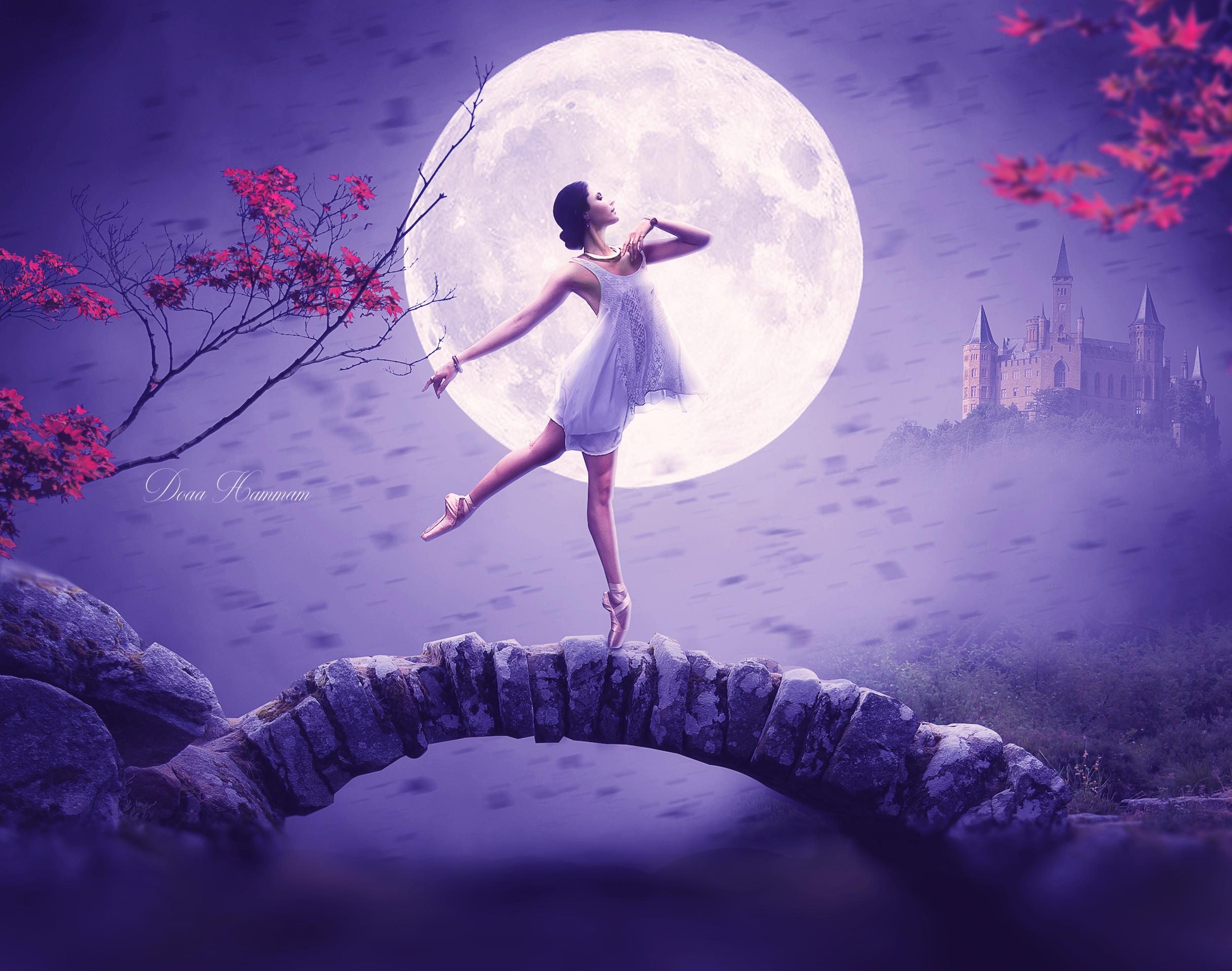 2500x1970 HD desktop wallpaper: Moon, Artistic, Full Moon, Ballerina, Women, Castle download free picture